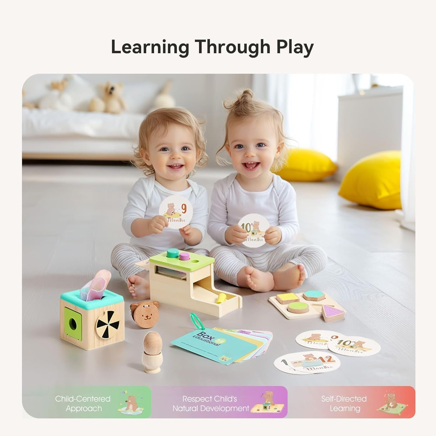 Montessori Toy for Babies 9-12 Months, 7-In-1 Wooden Playful Learning Toys with Egg Cup, Castanets, Magic Tissue Box, Textured Shape Puzzle, Cylinder Drop Box and More image number 3