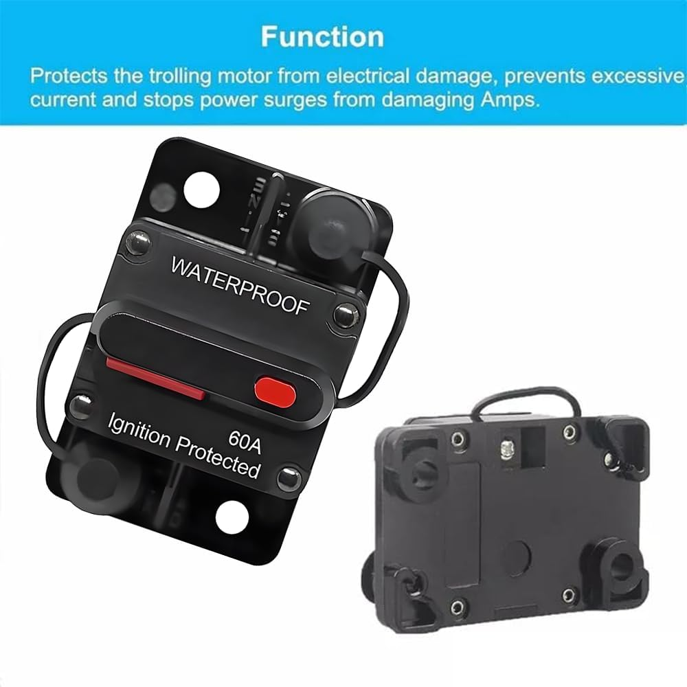 Anhoer Circuit Breaker with Manual Reset 12V-48V DC Waterproof Circuit Breaker Fuse Holder Inverter 50-250A for Solar Power Marine Boat Car Motor (60A) image number 4