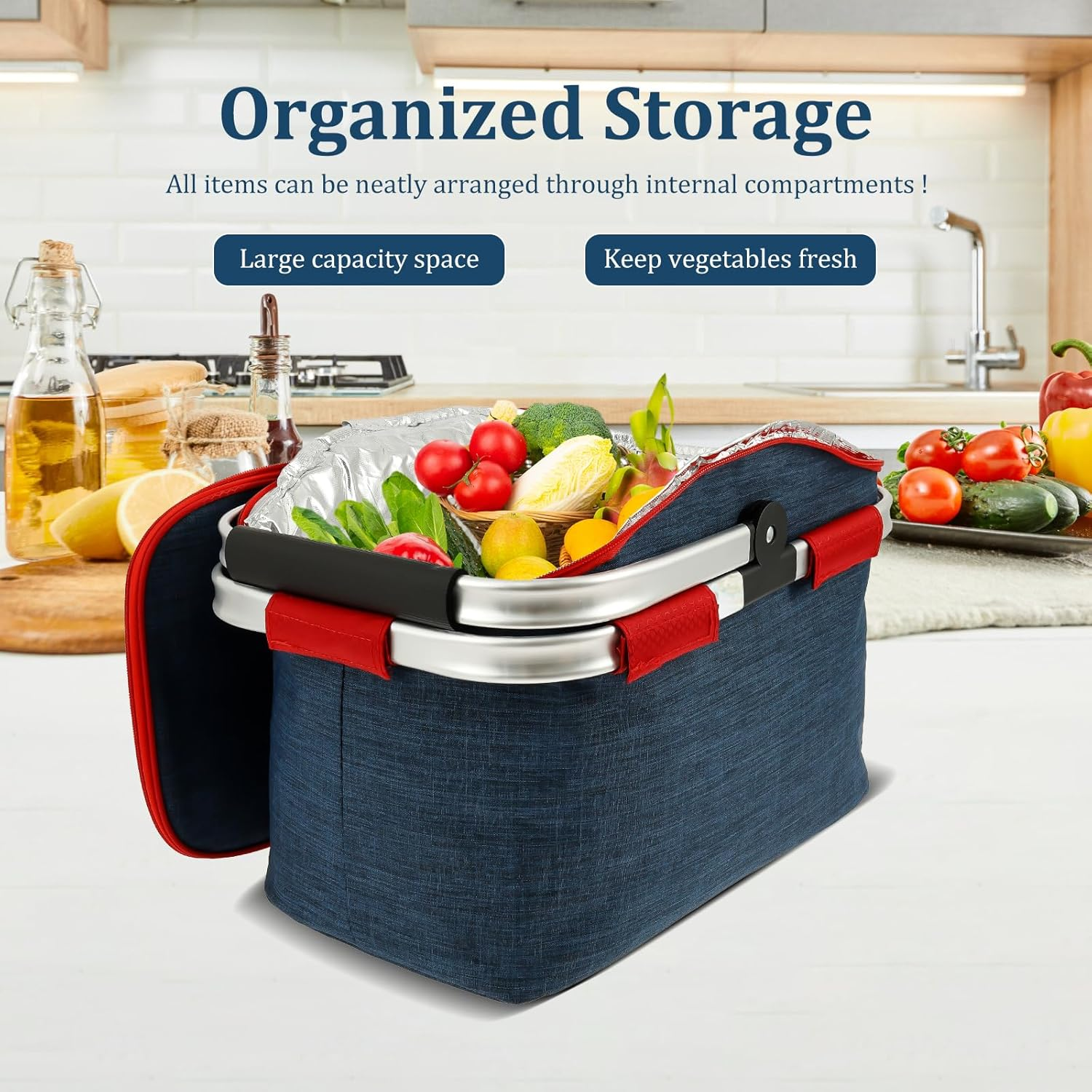 Shopping Basket, Insulation and Waterproof, Large Capacity Foldable Carry Baskets, Handle Crate Storage Basket Bin, for Hiking Camping Business Lunch Picnics Shopping image number 1