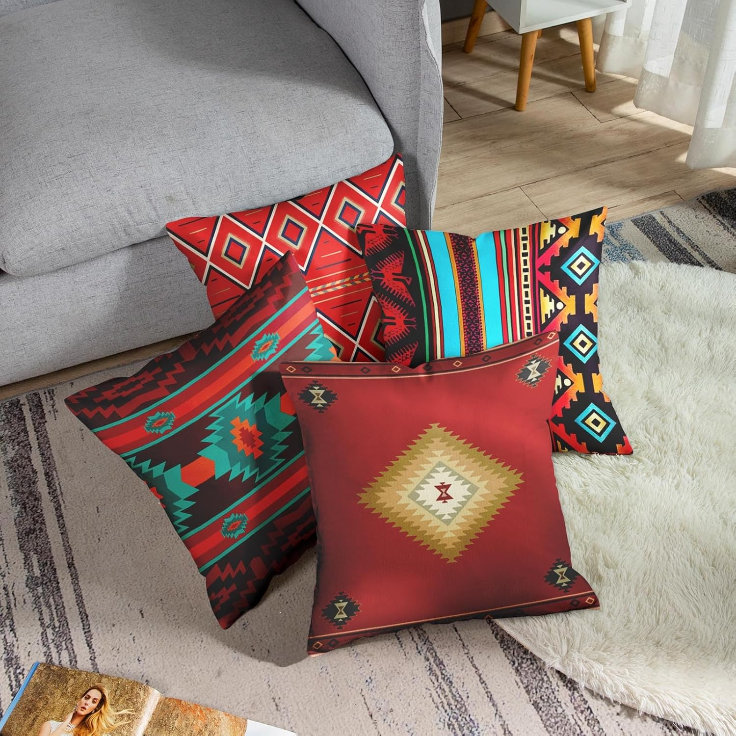 Artsocket Set of 4 Throw Pillow Covers South Southwest Western Tribal Red Native American Home Cultural Geometric Hue Country Decorative Pillow Cases Home Decor Square 18X18 Inches Pillowcases image number 6