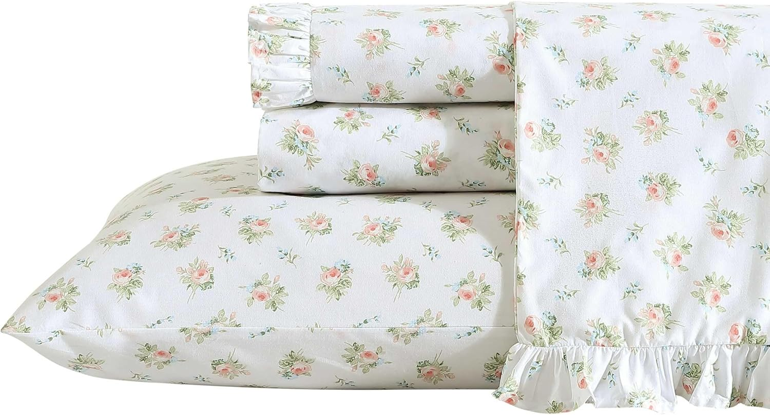 Laura Ashley - Queen Sheet Set, Breathable Percale Cotton Bedding, 200 Thread Count, Floral Home Decor (Roseford Orange, Queen)