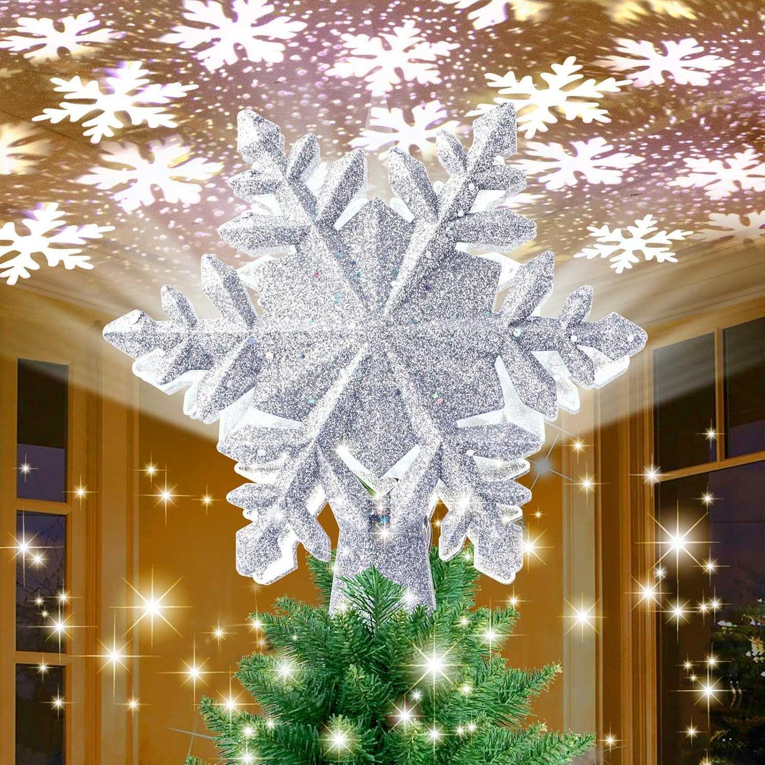 Christmas Tree Topper Lighted with Snowflake Projector, LED Rotating Snowflake Glitter Lighted Snow Tree Topper for Christmas Tree Decoration Home Office New Year Holiday Party Decor (Silver)