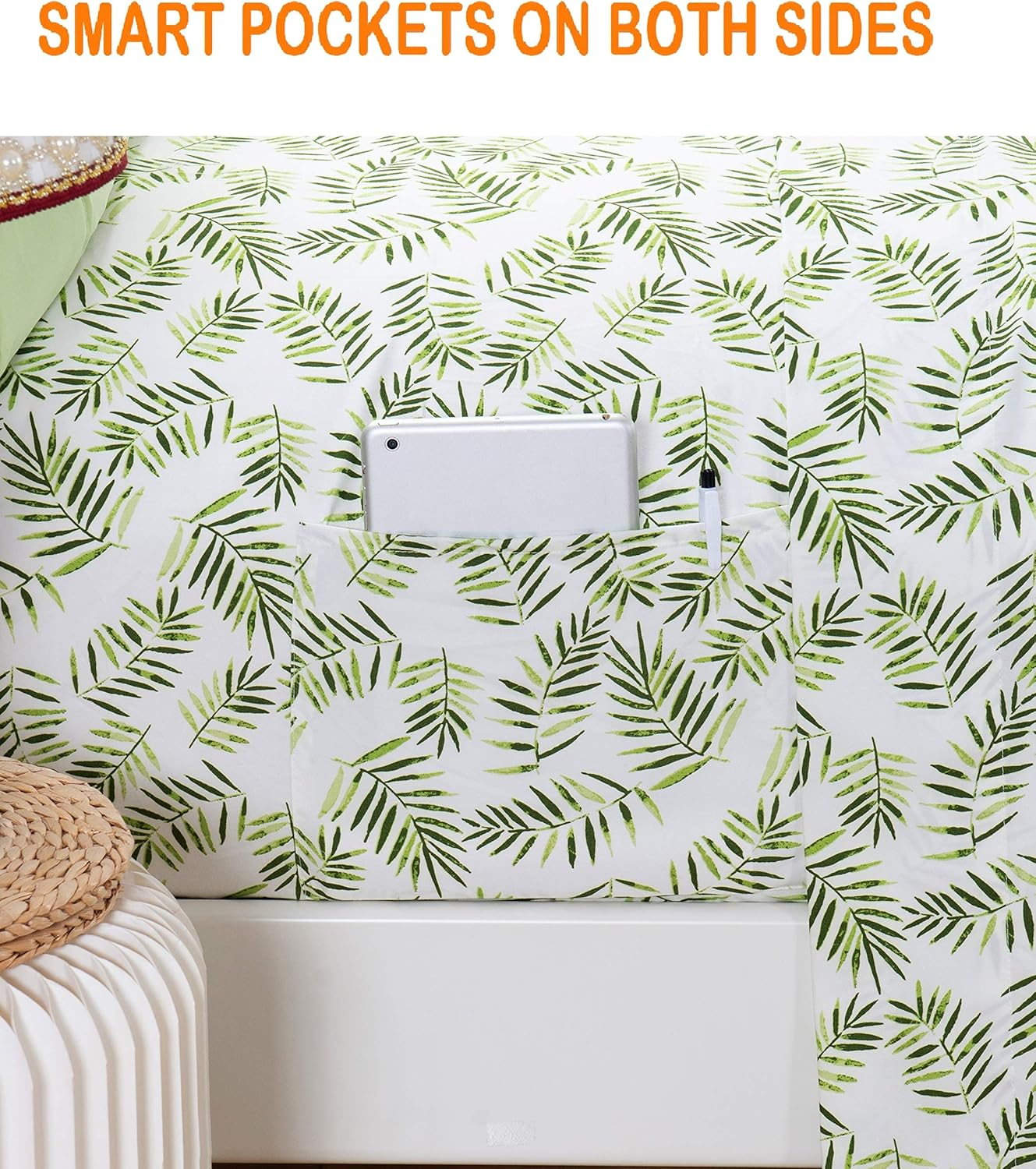 Caribbean Joe Ultra-Soft Double Brushed 4-Piece Microfiber Sheet Set Beautiful Tropical Patterns, and Vibrant Solid Colors, Luxury, All-Season Bed Sheet Set - Palm Leaves, King image number 1