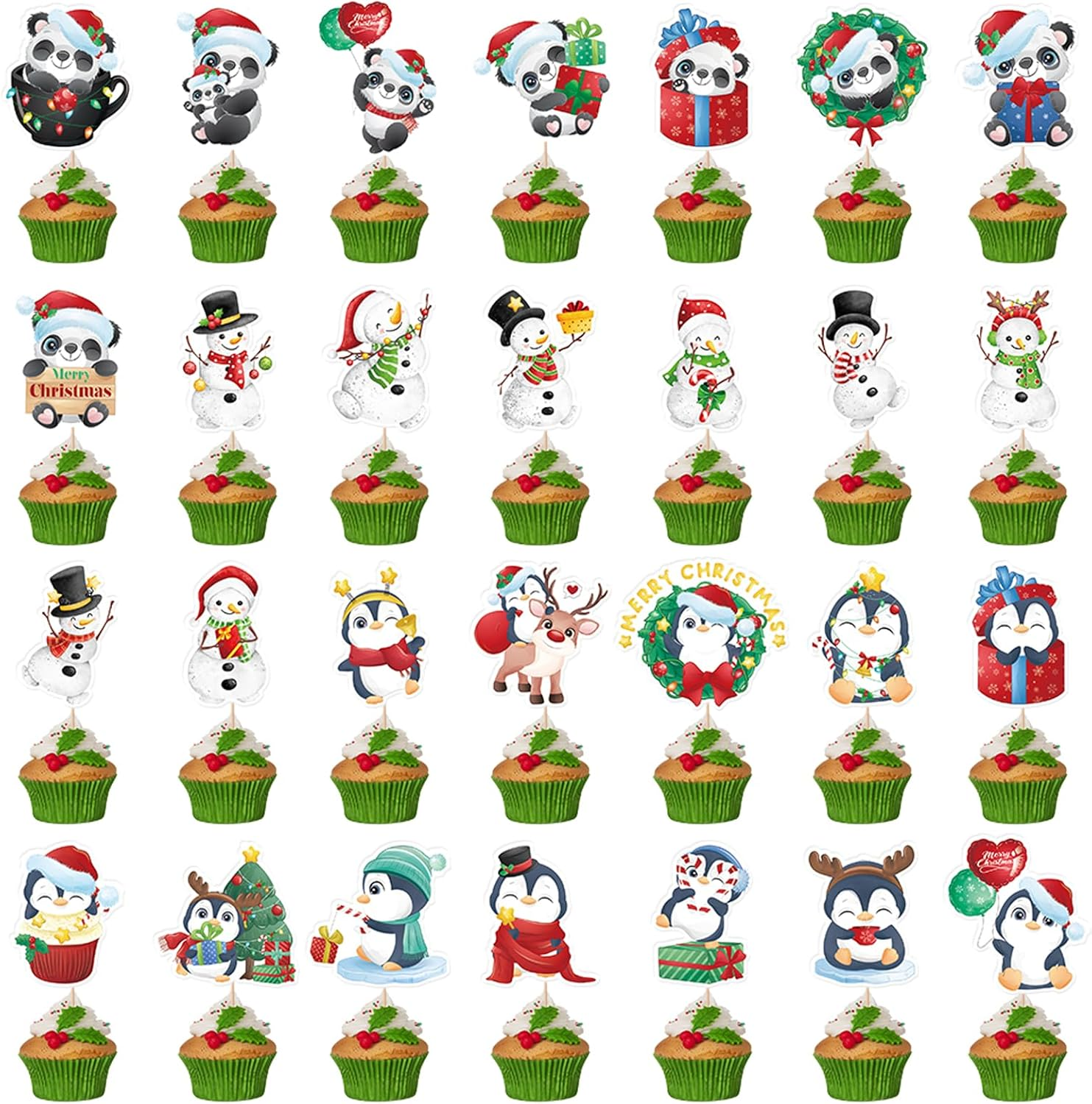 Christmas Cupcake Toppers Winter Cake Decorations Snowman Panda Penguin Cartoon Design Cake Toppers Picks for Winter Birthday Christmas Party Decoration Supplies (56Pcs) image number 4