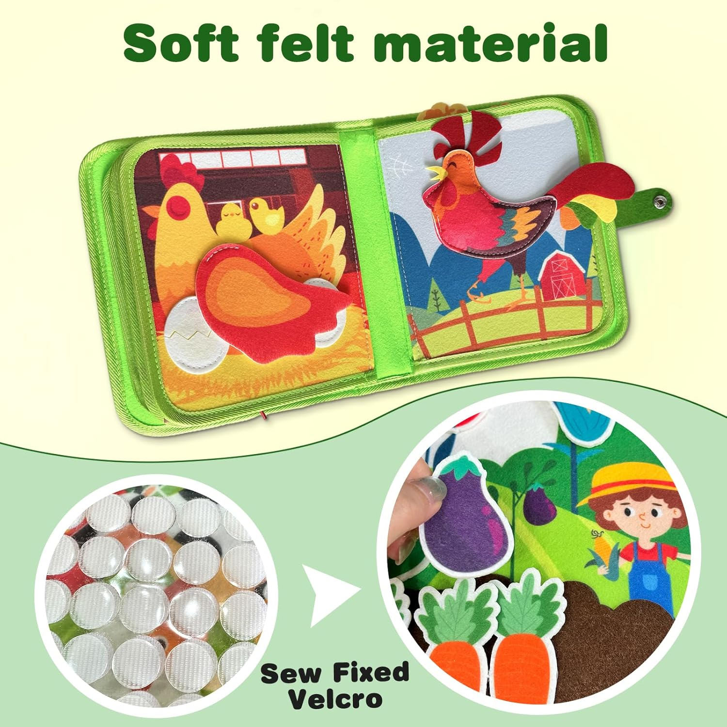 Toddler Busy Book, Farm Animal Theme Quiet Busy Books with Cognition, Sorting, Matching Function, Soft Felt Material, Montessori Busy Book for 3+ Years Old Boys Girls (Green) image number 2