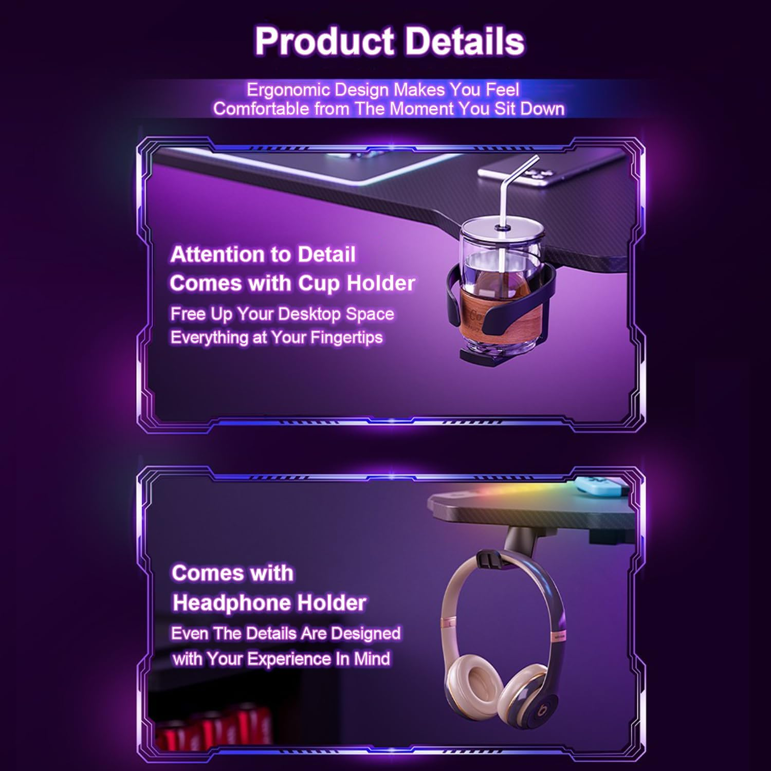 Gaming Desk Computer Desk: 160Cm LED RGB Light Home Desk Study Desk with Carbon Fiber Surface Video Game Table with Cable Management Box, Cup Holder, Headphone Hook and Mouse Pad (TD-02) - Td-02 image number 2