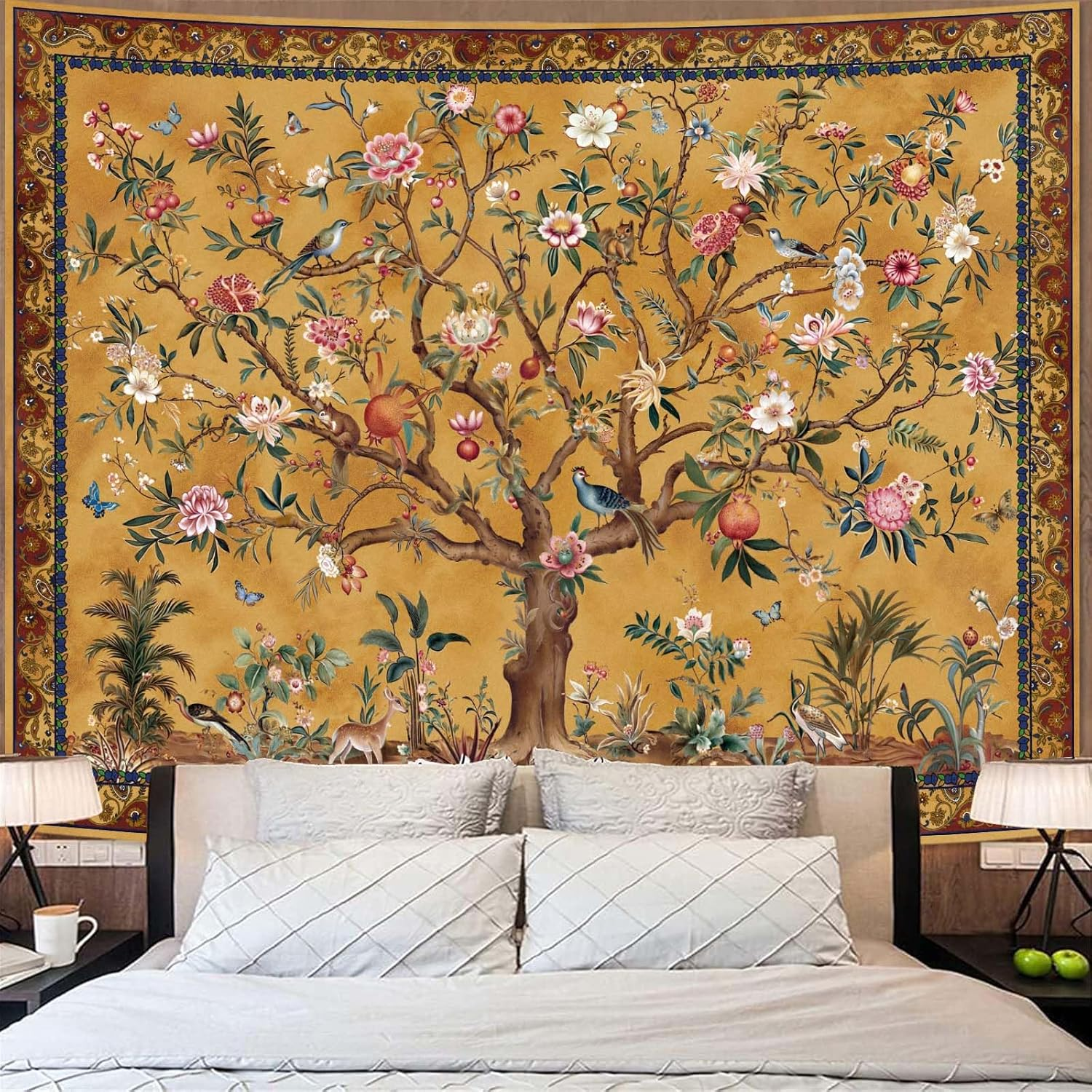 Boho Tree of Life Tapestry, Vintage Flower Leaves Birds Plant Animal Pattern Tapestries, Retro Indian Bohemian Aesthetic Wall Hanging Orange Yellow 36&times;48 Inch image number 7
