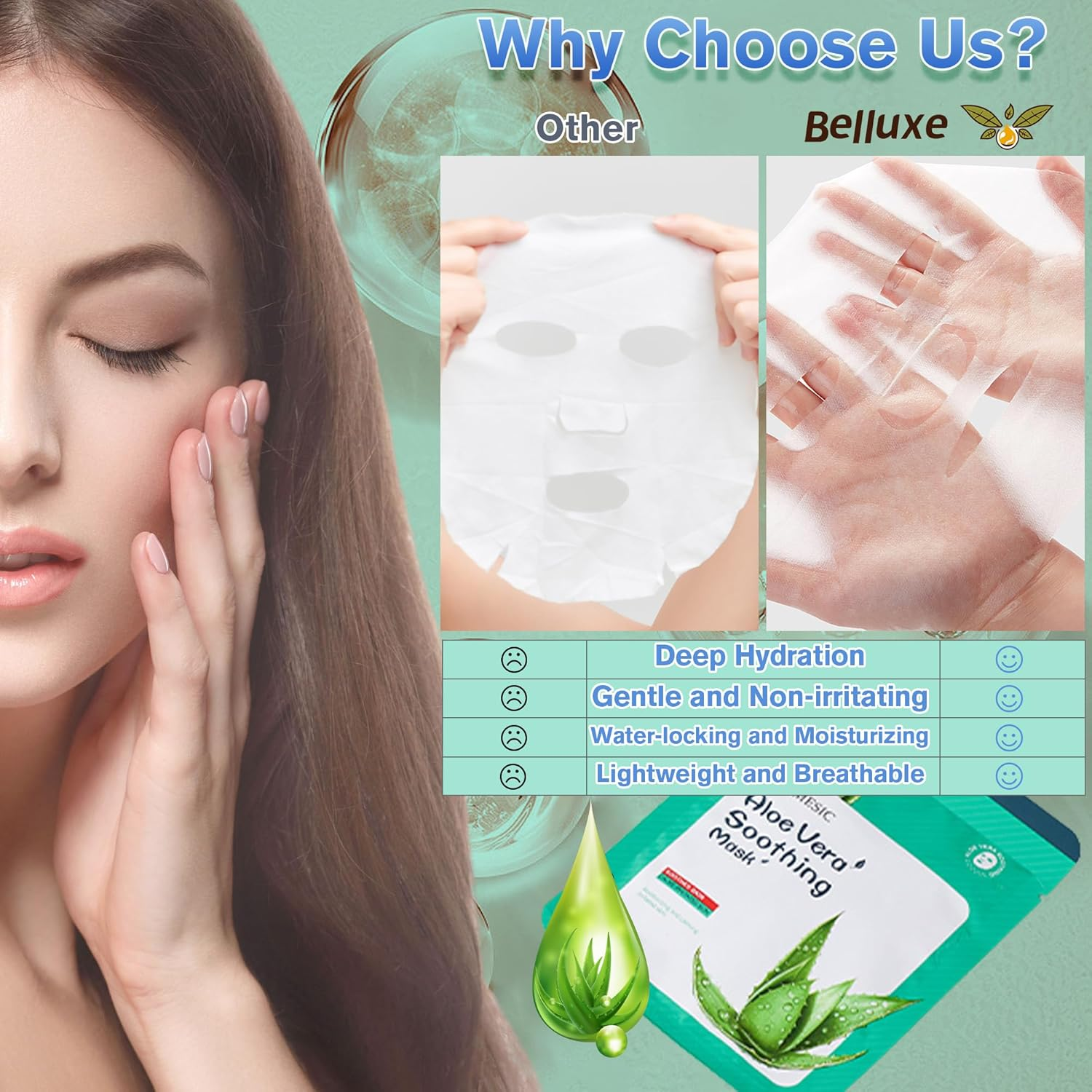 Belluxe 5-Pack Aloe Vera Sheet Face Masks Skincare for Sensitive Skin, Hydrating Korean Facial Mask for Soothing and Moisturizing, Face Mask Set for Women and Men