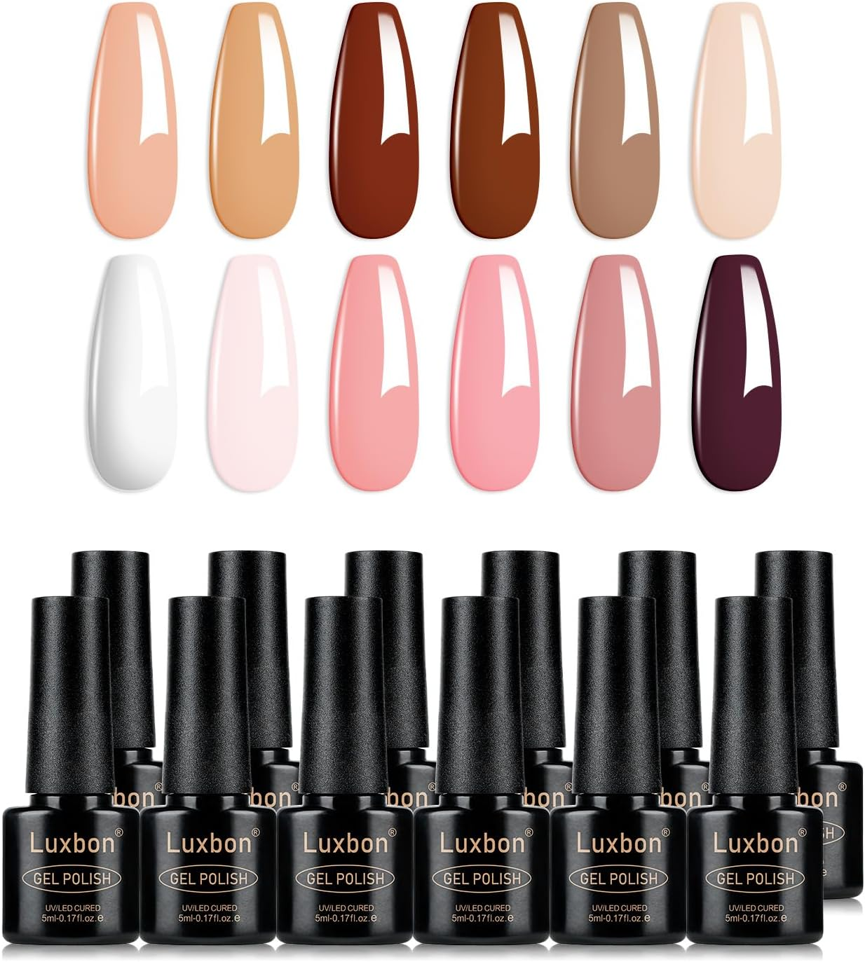 Luxbon 12 Pcs Gel Nail Polish Set - Fall Colour Set Long Lasting Autumn Gel Polish, Uv Led Soak off Nail Art Designs Manicure Kit 013