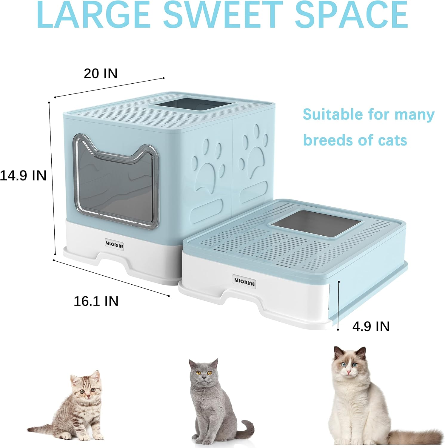 Cat Litter Box Large Pan - Foldable Top Exit Pet Boxes with Entry Lid, Plastic Cleaning Scoop,Cat Nail Clippers,Portable Cats Bowl (Blue) image number 4