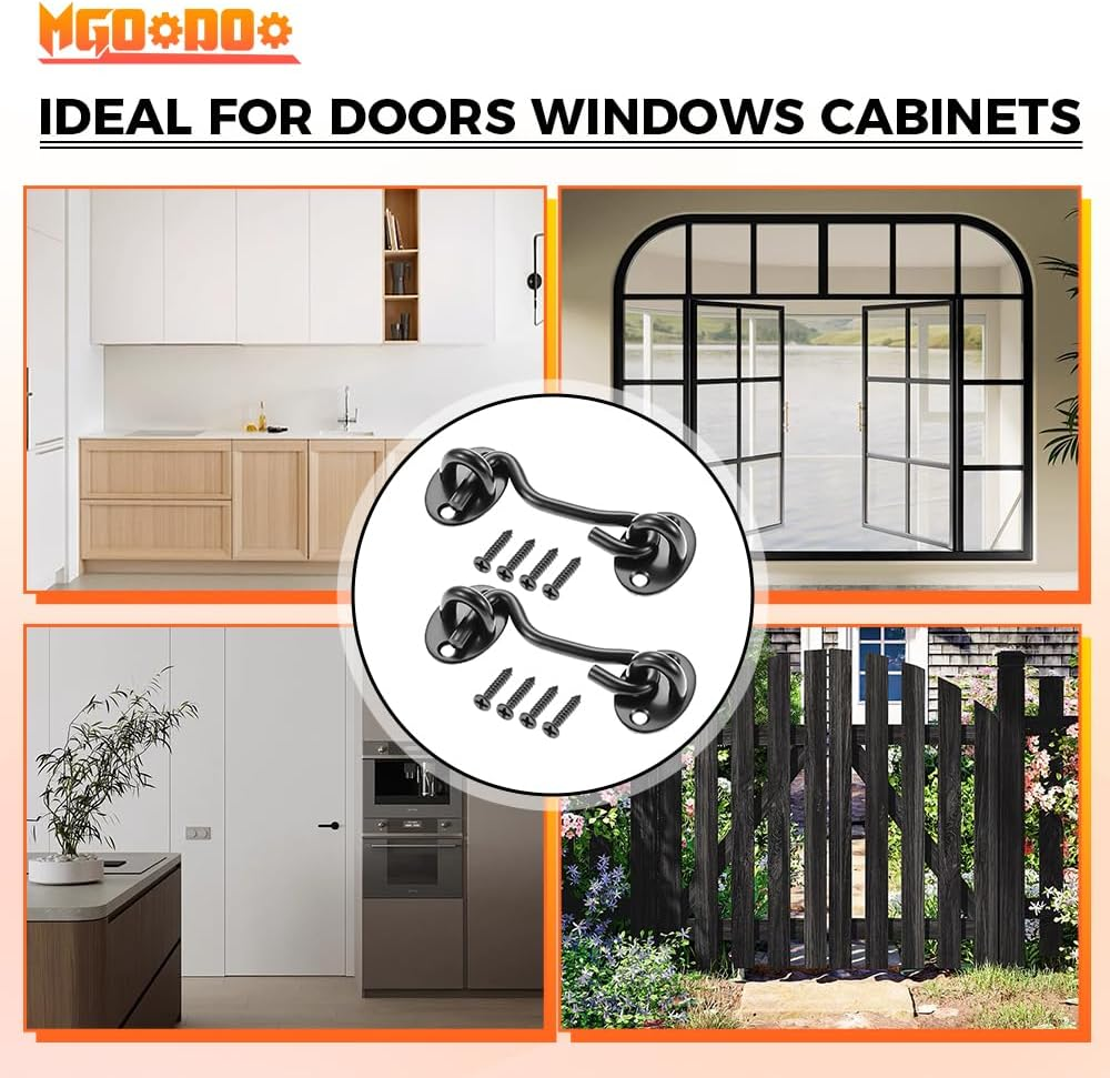 Black 3Ins Cabin Hooks and Eye Latch Lock for Patio Doors Shed Gate 75Mm Catch Silent Holder Stainless Steel 2Pcs image number 4