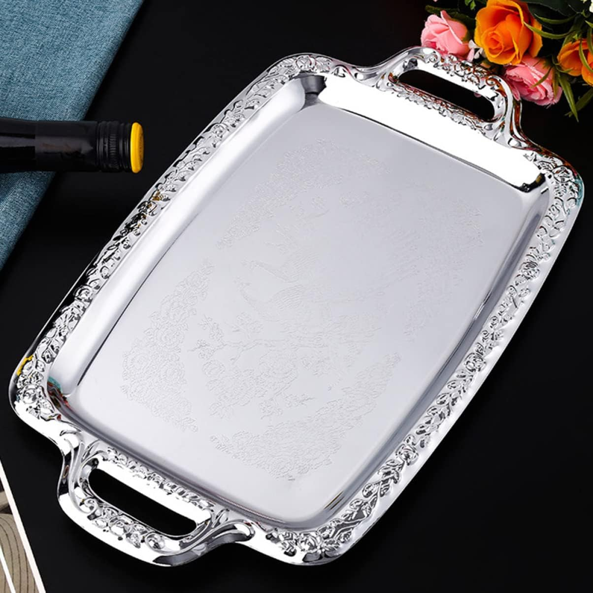 STOBAZA Silver Tray Decorative 1Pc Bread Tray Metal Cookie Plate Simple Rectangular Silver Tray image number 1