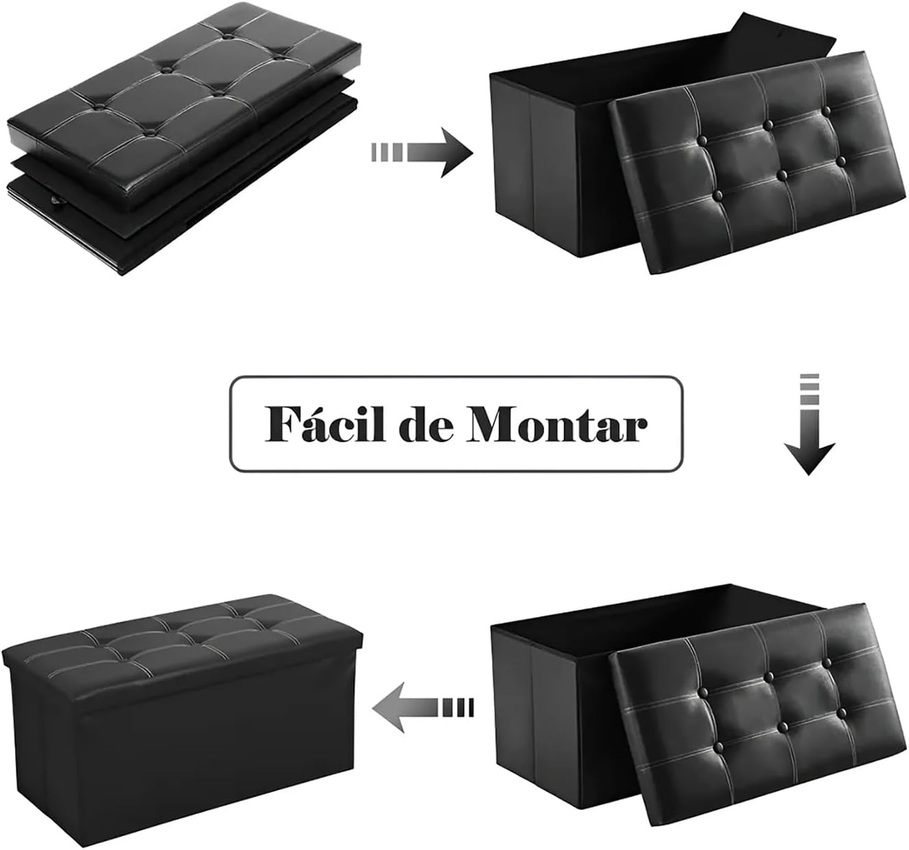 MEMOCASTLE Folding Storage Ottoman: 38X76X38Cm Black Synthetic Leather - 110L Capacity, Quick Assembly for Living Room & Bedroom - Black image number 4