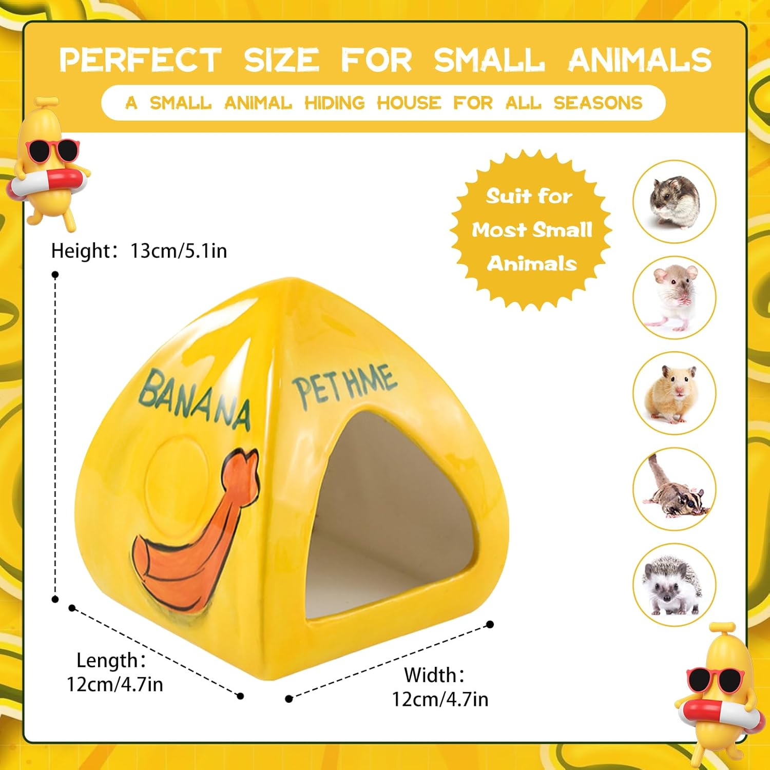 SUSOO Large Ceramic Hamster Hideout with Cute Banana Design, Four Seasons Universal Hamster House for Small Animals, Easy to Clean Guinea Pig Hide Bed for Hamster Cage Accessories and Dwarf Toys image number 4