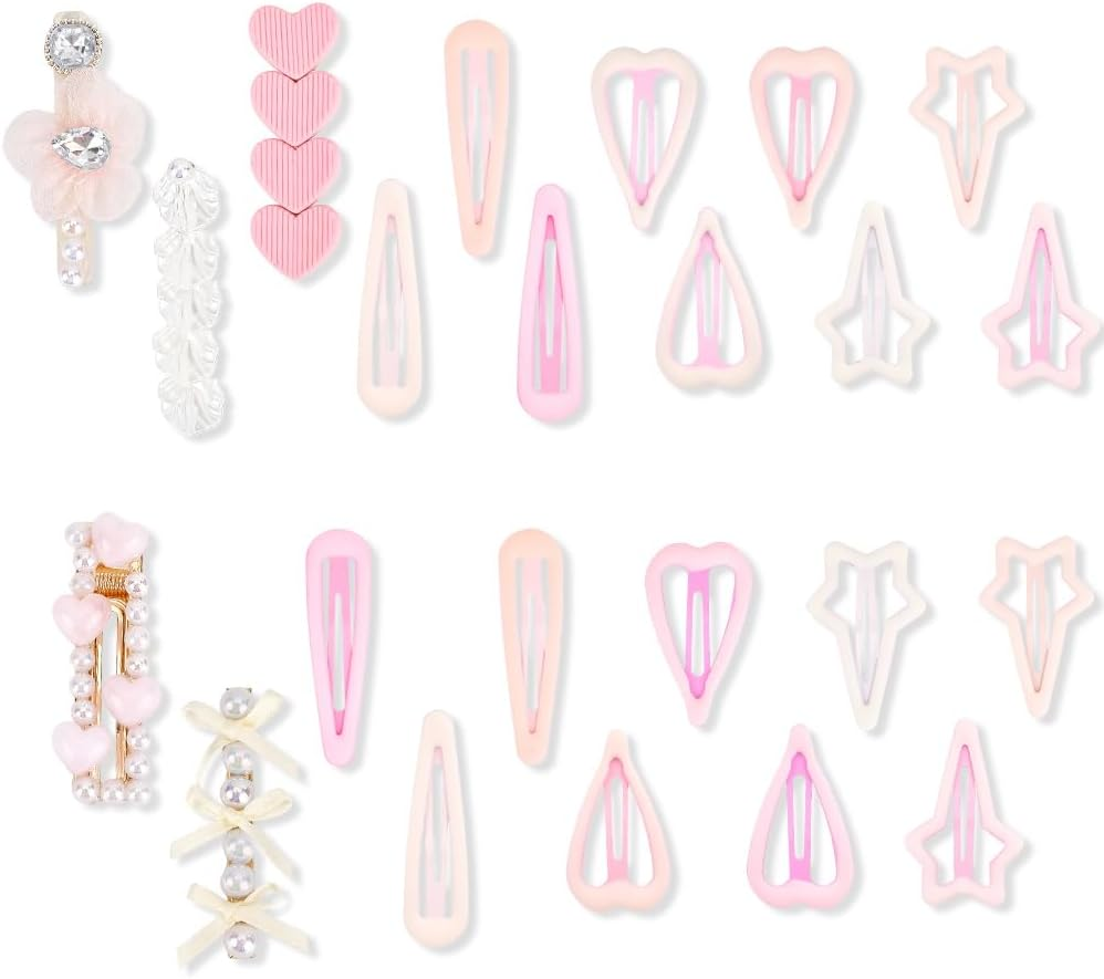 SOFPLATE Pack of 23 Hair Clips with Star Press Stud Metal Pink Hair Clips Colourful Aesthetic Heart Shape Teardrop Shape Elegant Decorative Headpiece Alligator Hair Pins Accessories for Long Short image number 6