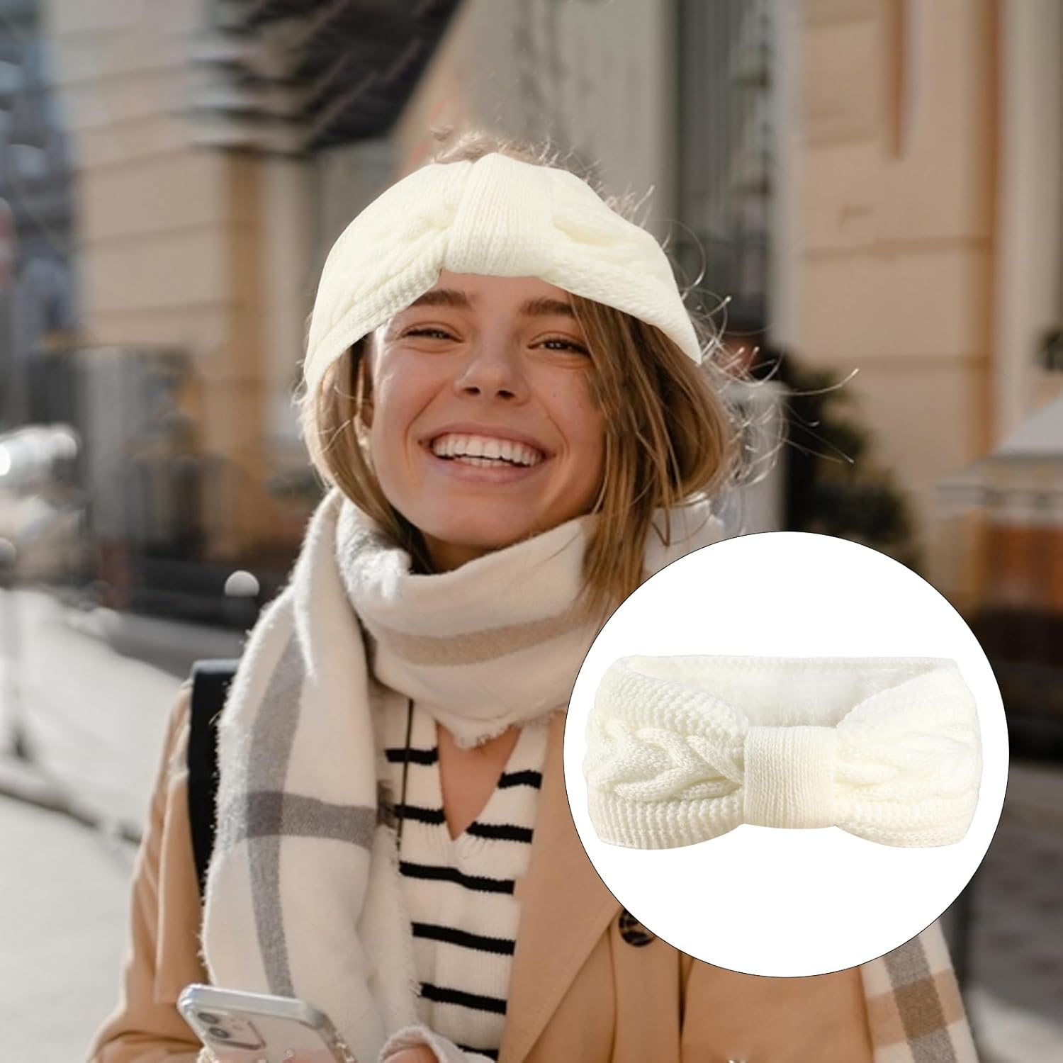 Pack of 2 Women'S Winter Headbands, Knotted Knitted Headband, Women'S Knitted Ear Warmers, Hair Band, Thick Headwrap Hair Bands, Girls Ear Warmers Headbands (White + Pink) image number 4