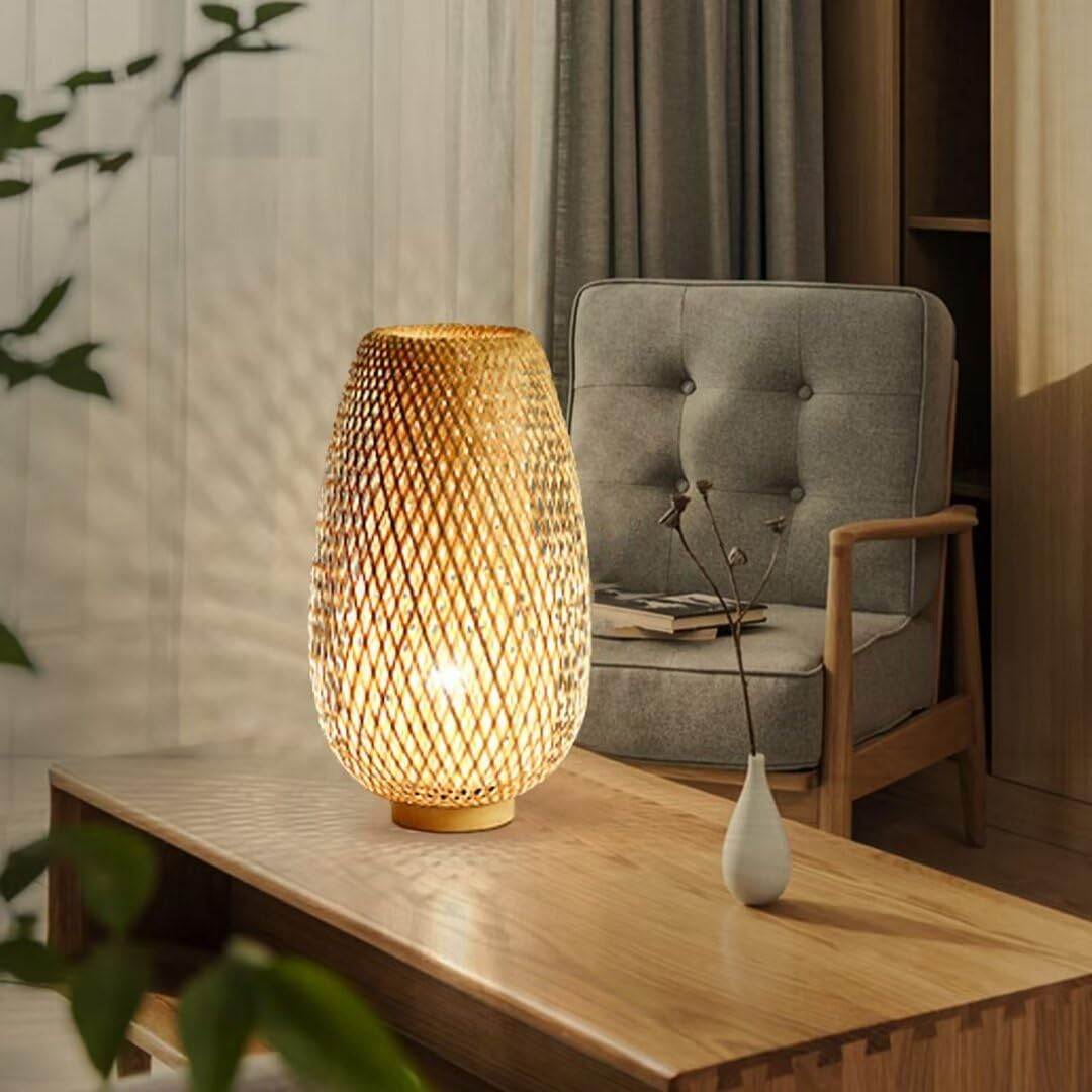 GUANSHAN Bamboo Woven Table Lamp Bamboo Shade Zen Style Table Lighting Decorative Table Lighting Night Light for Bedroom and Living Room image number 4