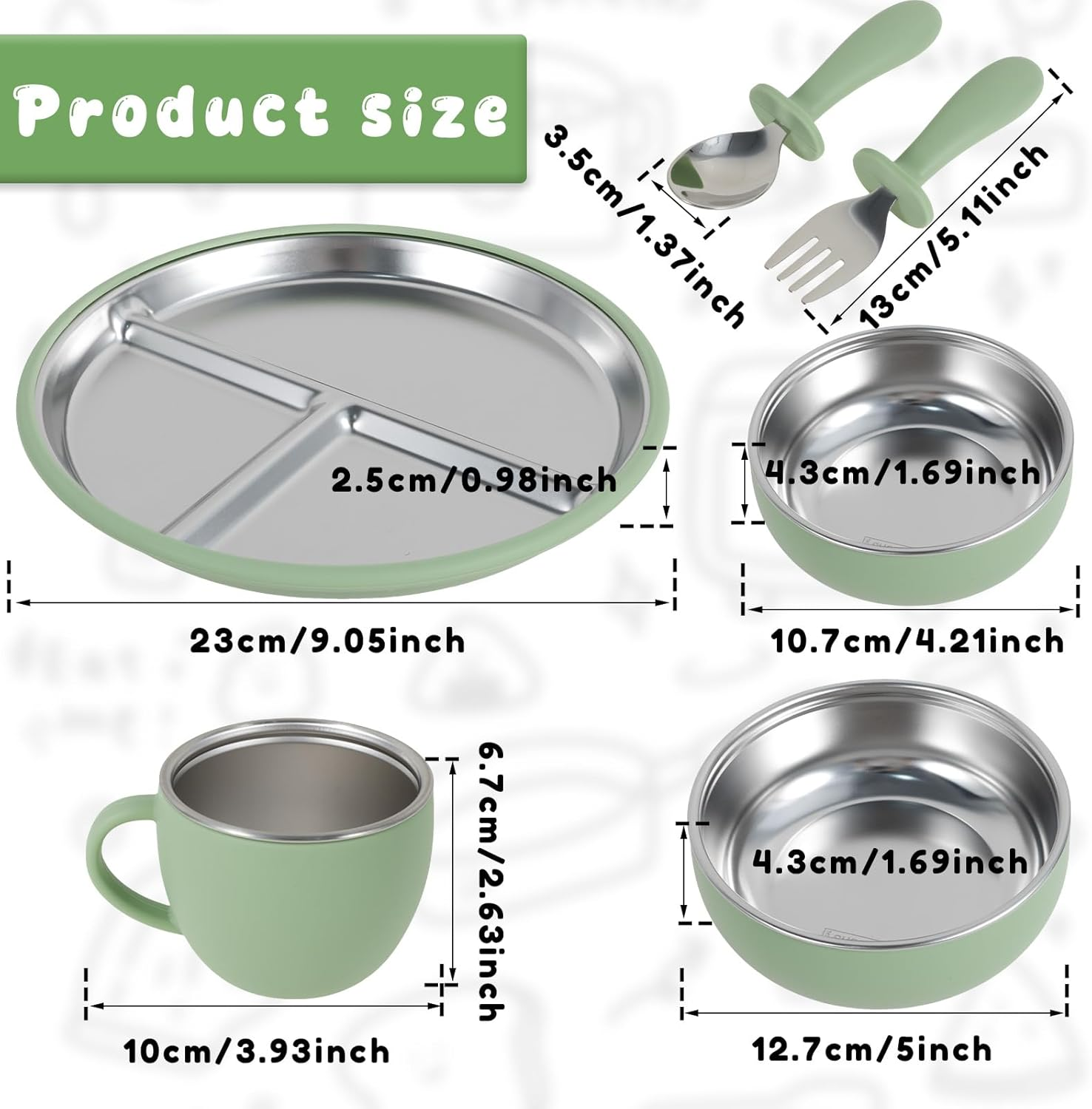 Awobepl 6Pcs Stainless Steel Suction Plate Firm Adhesion Utensils with 4 Silicone Suction Cup anti Drop for Children (Light Green)