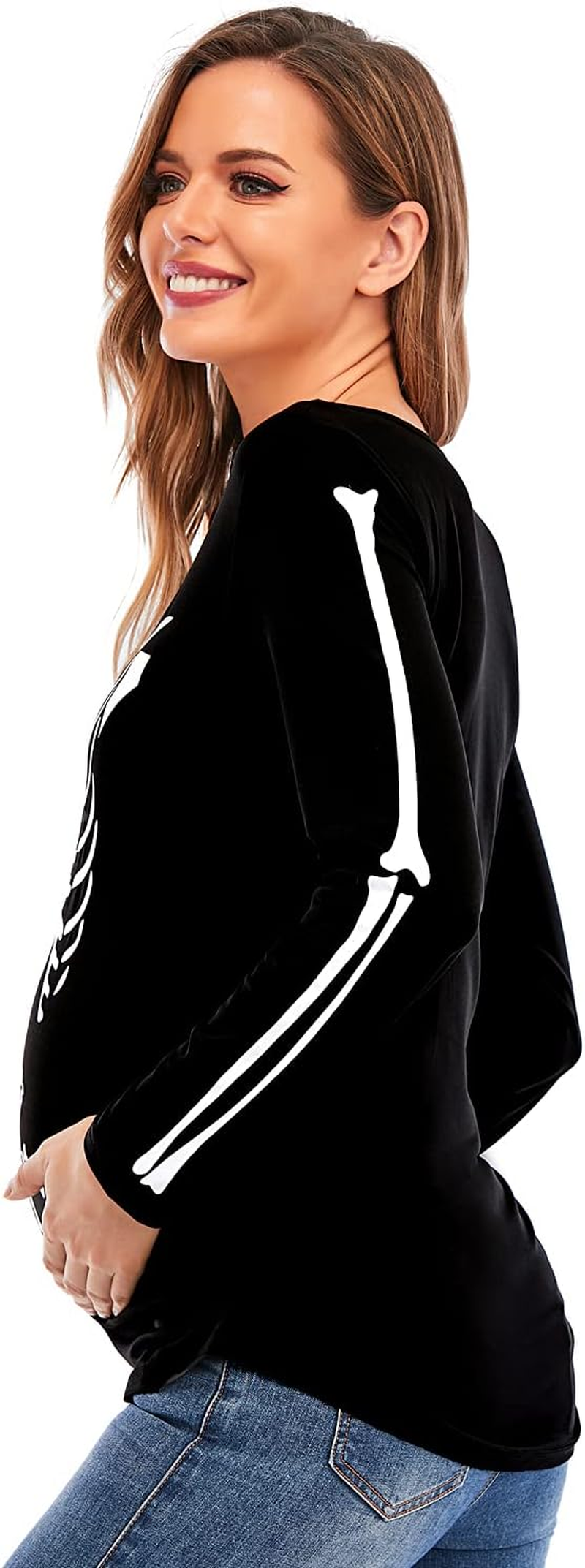 DDSOL Women Halloween Skeleton Maternity Shirt Long Sleeve Pumpkin Skeleton Baby Pregnancy Tops image number 2