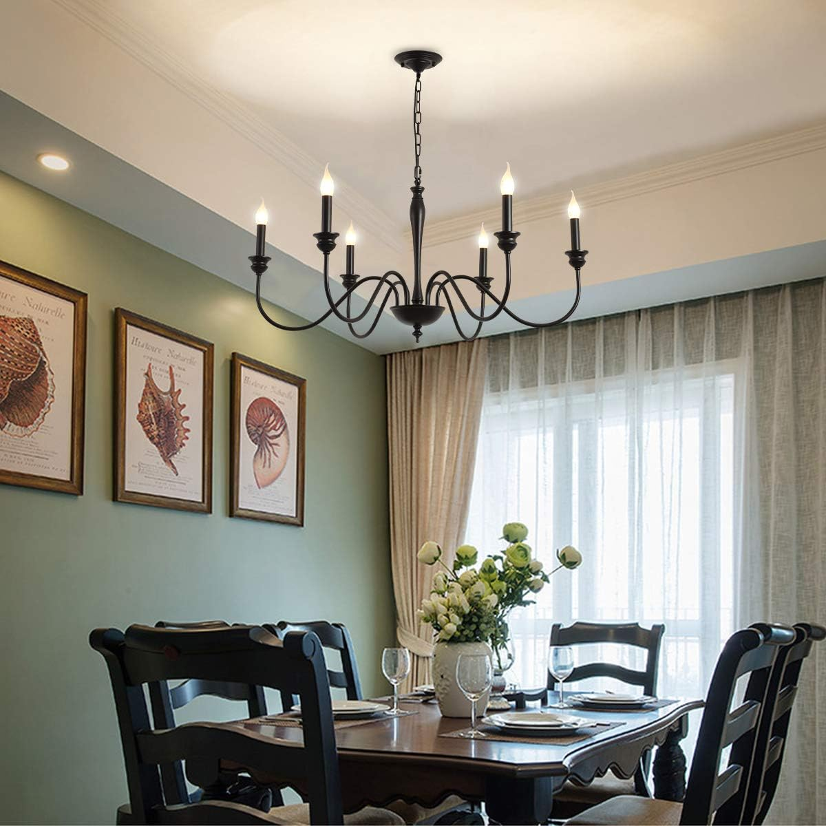 Ganeed 6-Light Farmhouse Chandeliers, Black Classic Candle Ceiling Pendant Light Fixture, Rustic Ceiling Chandelier for Kitchen Island, Foyer, Living Room, Dining Room - E14
