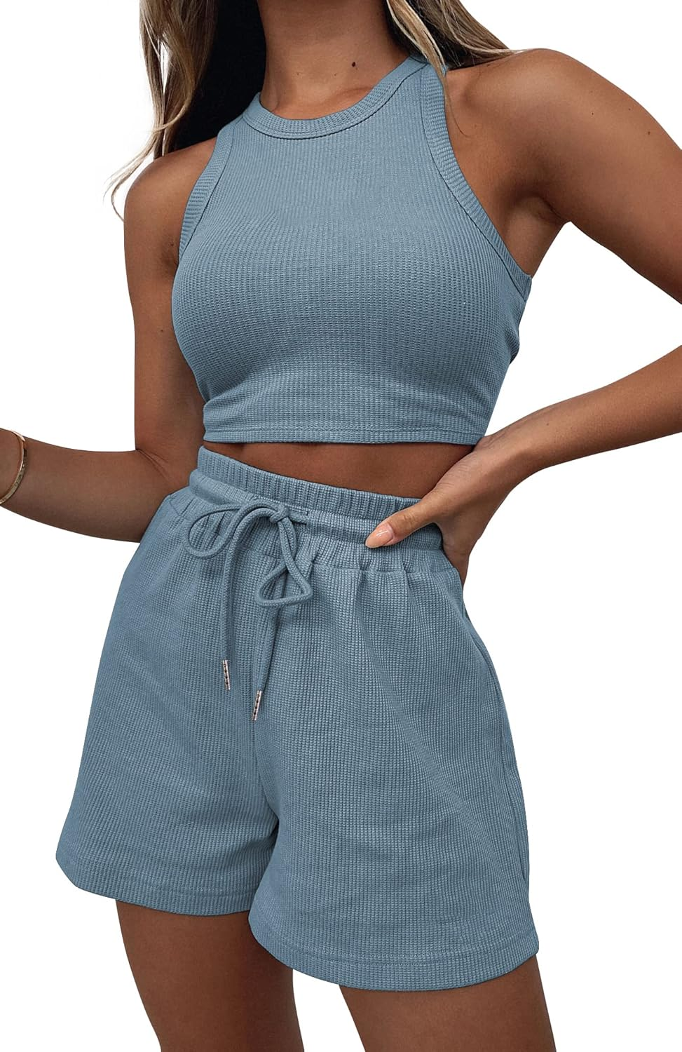 Lingswallow 2 Piece Women Lounge Sets - Sleeveless Crop Top and Shorts Waffle Lounge Set Tracksuits Sweatsuits for Women