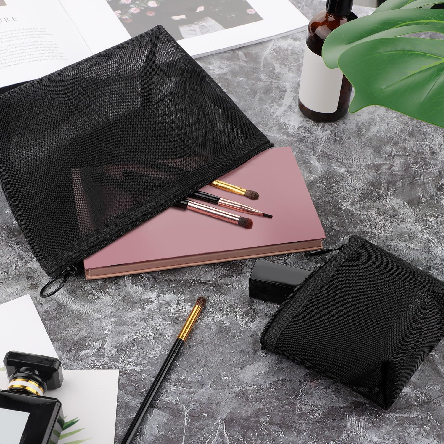 Boao 3 Piece Mesh Cosmetic Bag Mesh Makeup Bag with Zipper Pouch Travel Toiletry for Makeup Organizer Home Office Travel Accessories, Black, 3 Count (Pack of 1), Minimalist - Black image number 2