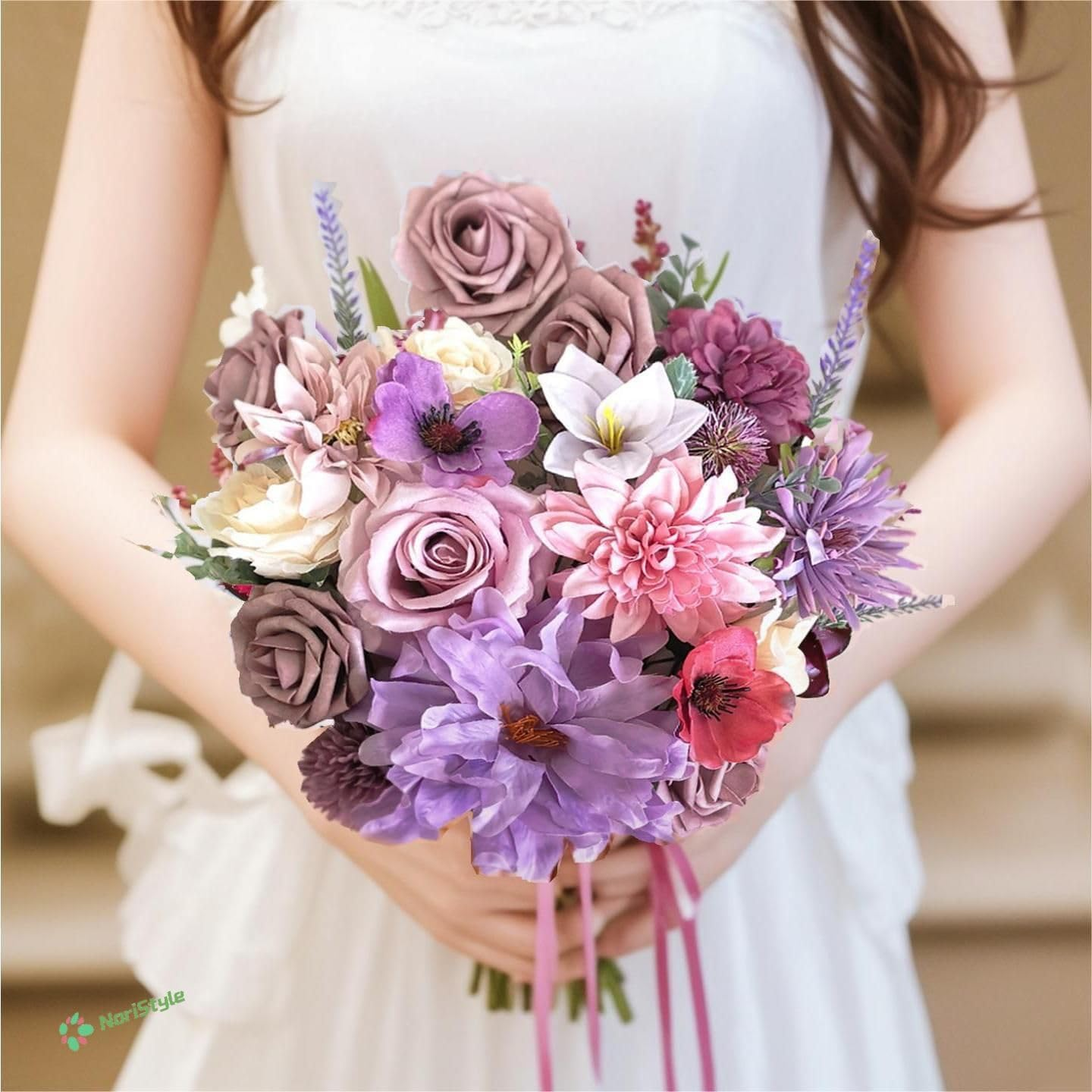 Artificial Silk Purple Champagne Rose Flowers Box for Wedding Decorations, Real Touch Peony and Fake Rose Bouquets with Stems for Wedding Cake Topper Party Bridal Bouquets Indoor Outdoor Decorations image number 5