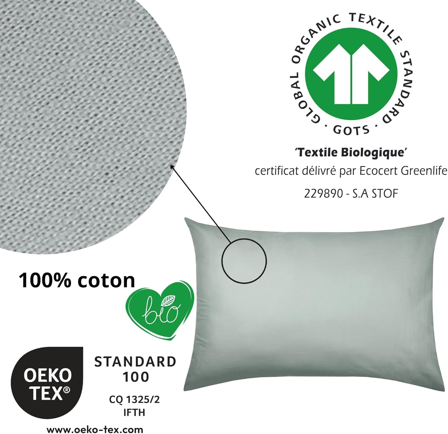 STOF - Pillowcase - Size 50 X 80 Cm - 100% Organic Cotton - Quality - Oeko-Tex Certified - Opaline Colour - Horizon Model - Bed Linen for Home - Soft and Comfortable image number 5