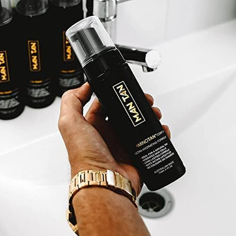 MAN TAN - Sunless Tanner Starter Pack for Men | AMINOTAN Best Clear Self Tan Mousse for Men Works with Hair + Sweat Proof (Mitt & Bottle) - 200Ml image number 3