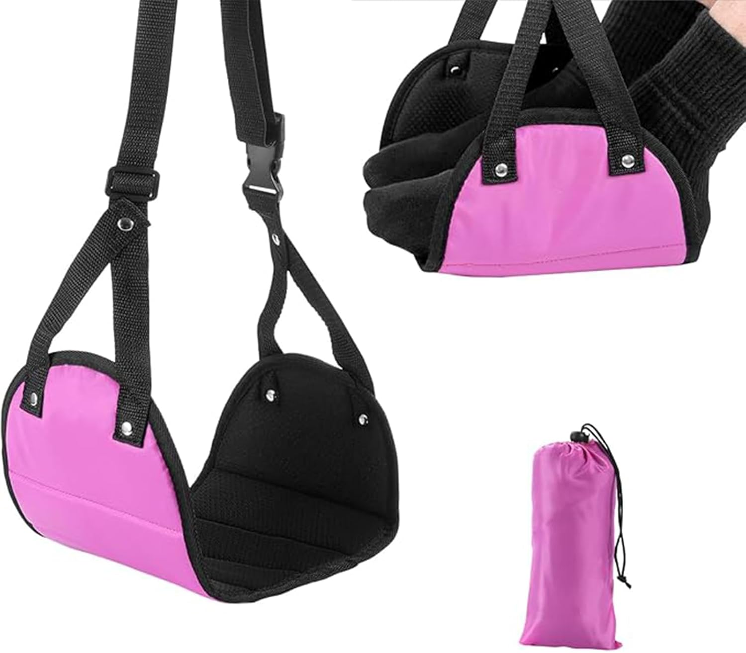 Yeanifeana Portable Airplane Foot Rest for Travel - Adjustable Height Flight Footrest with Carry-On Strap, Ergonomic Foot Hammock Travel Accessories (Pink)