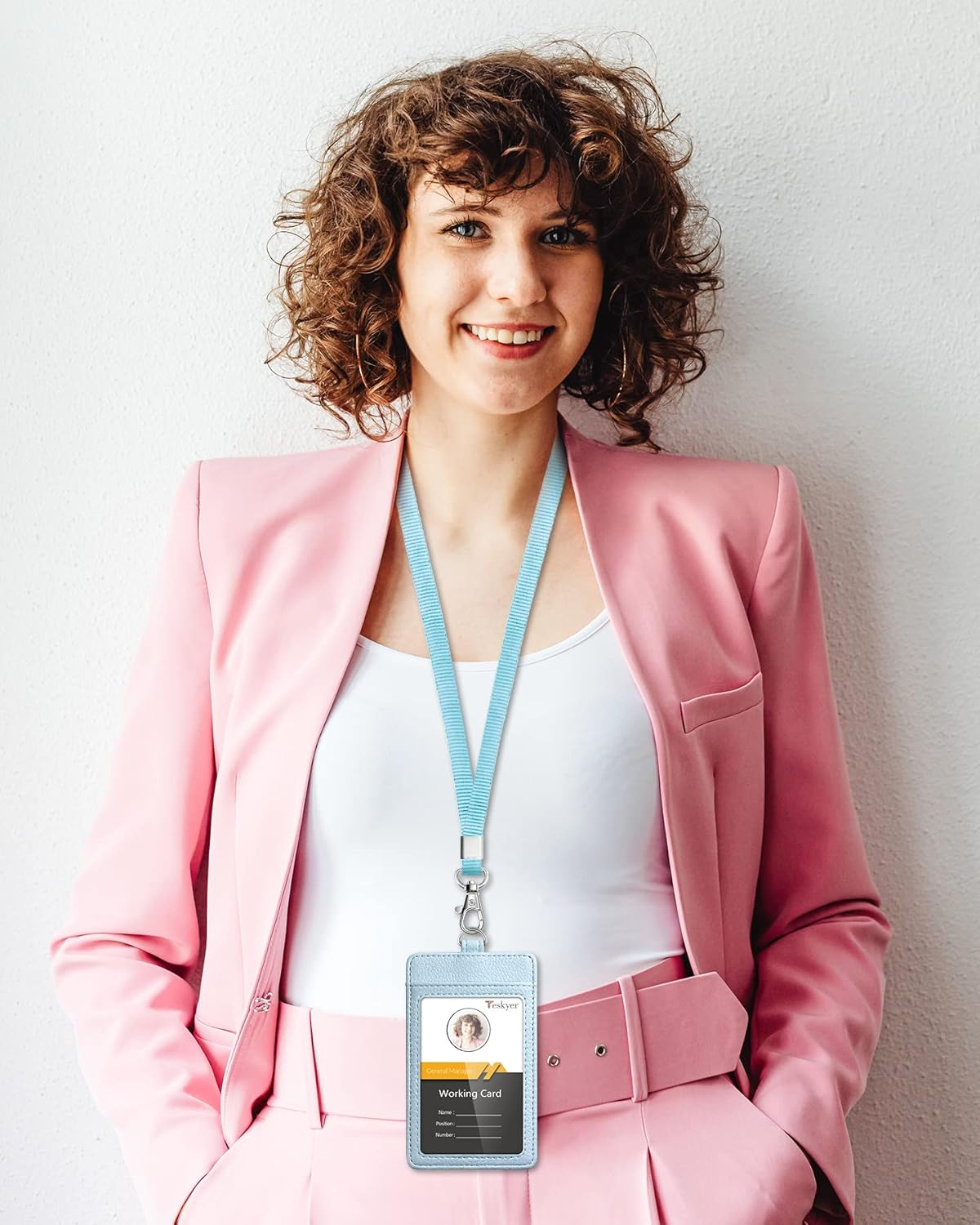 Teskyer Badge Holder with Lanyard, Leather ID Name Badge Card Holder with Lanyard for ID Badges,For Office School Work, Vertical, Lichi Cyan