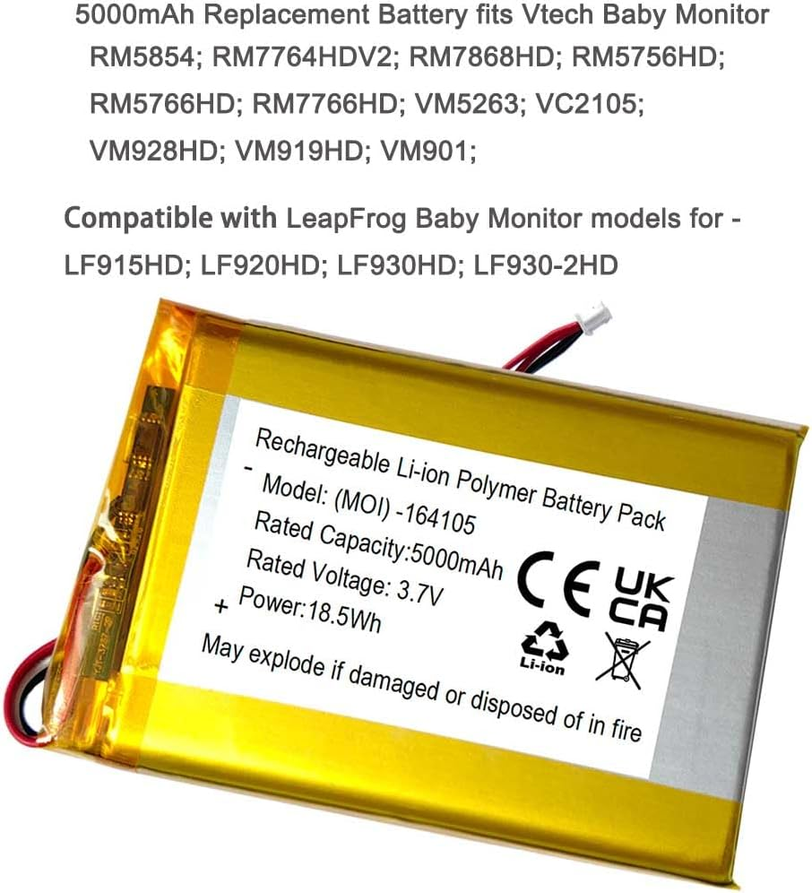 5000Mah Battery Replacement for Vtech RM7764HDV2, RM5854HD, RM7766HD,VM5263, VC2105, RM7868 2HD, VM928HD, VM901, RM5766HD, VM919HD, Leapfrog LF915, LF920, LF930 HD Video Baby Monitor image number 1