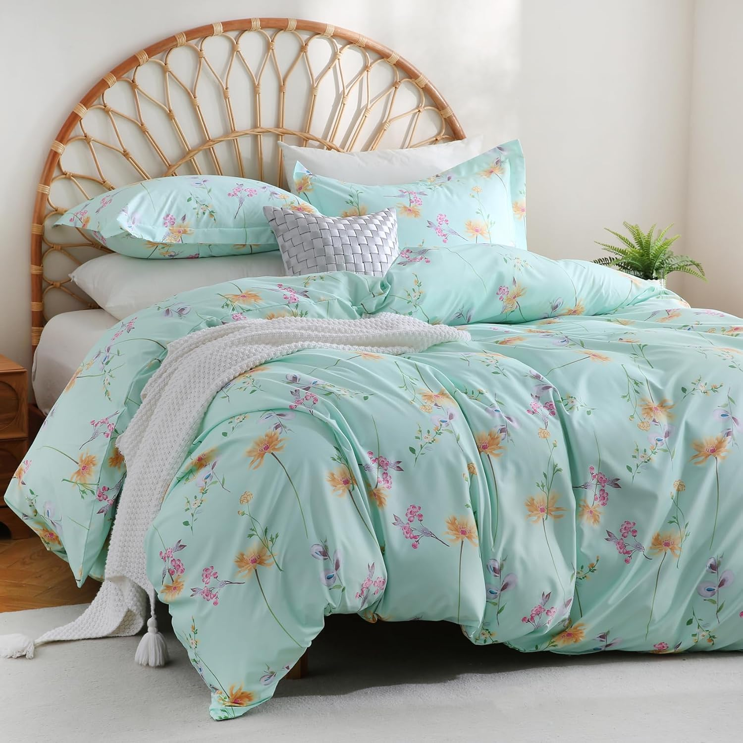 JSD Green Floral Printed Duvet Cover Set Queen, 3 Piece Microfiber Botanical Comforter Cover with Corner Ties Zipper Closure image number 3