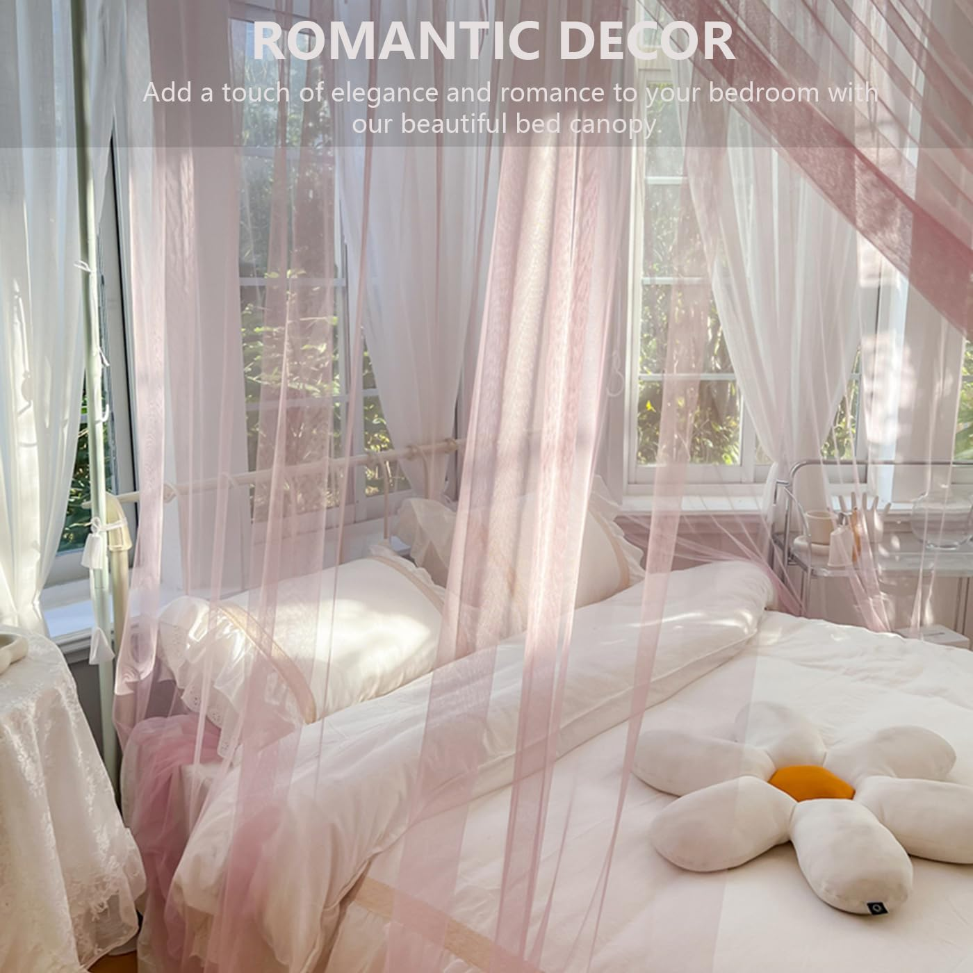 Mosquito Net for Bed Canopy 4 Corners Post, Elegant Square 4 Openings Canopies Bedroom Ceiling Curtains Drapes for Twin/Queen/King Bed Room Decor Wedding Nursery Indoor Outdoor image number 5