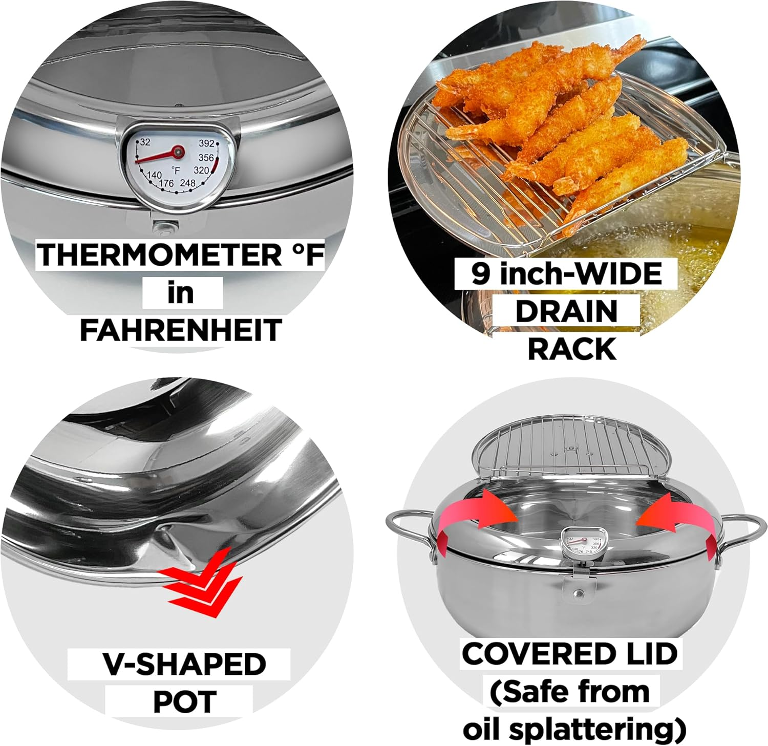 Deep Fryer Pot (&deg;F), 11"/4.4Qt (4.2 L) Extra Large Tempura Frying Pot with Lid, 304 Stainless Steel Fry Pot with Fahrenheit Thermometer and Oil Drip Drain Rack image number 3