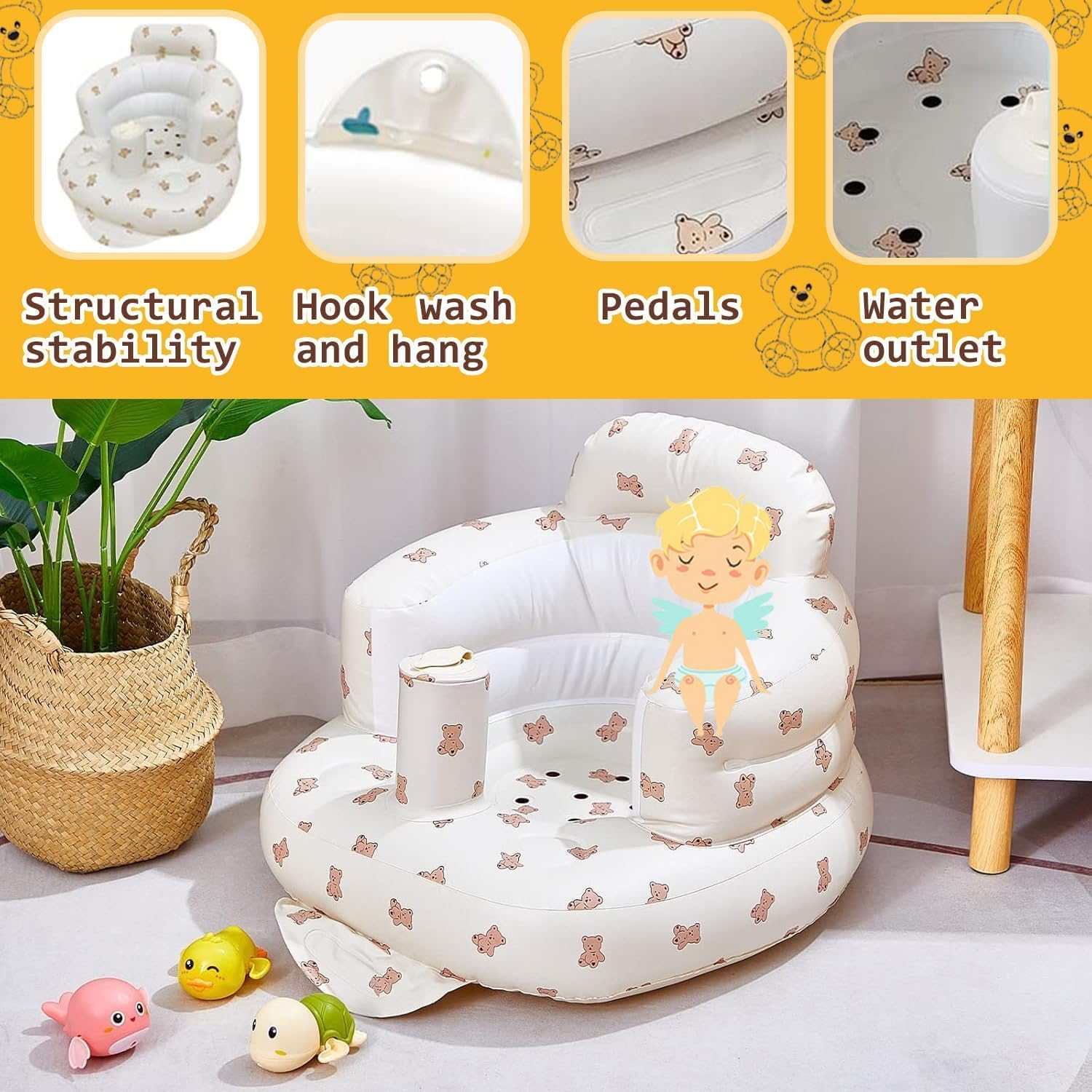 Inflatable Baby Chairs, Inflatable Baby Seats for Infants 3 Months and Older, Baby Floor Seats for Sit Up, Portable Baby Floor Seats, Baby Seats for Family and Travel, Thickened Version, Little Bear image number 4