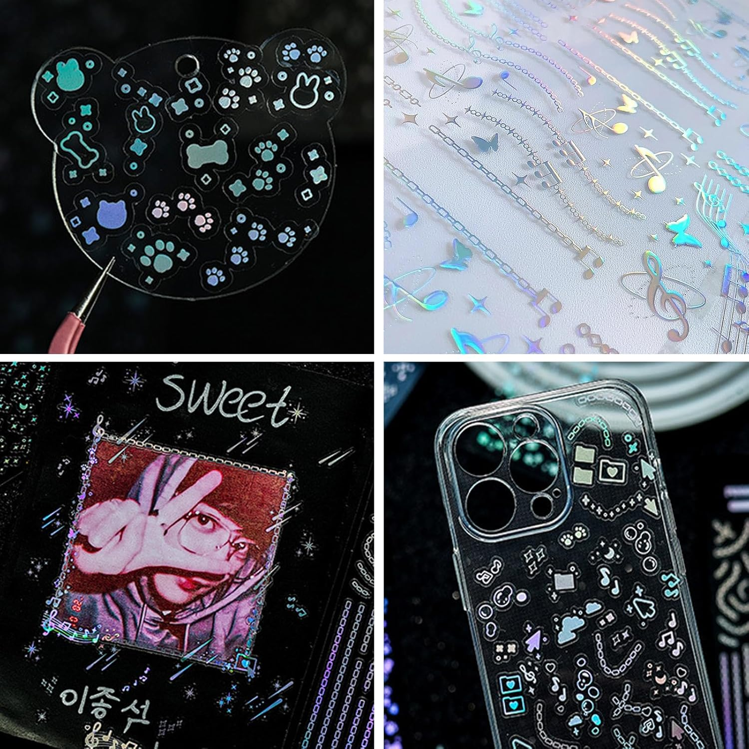 Holographic Kpop Deco Stickers, 24 Sheets Korean Self Adhesive Clear Glitter Star Moon Butterfly Bubbles Decals for Album Photocards Scrapbook Journal Planner DIY Decoration