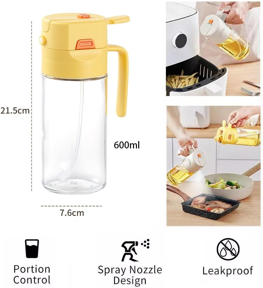 Aofly Oil Spray Bottle, 2 in 1 Olive Oil Dispenser, 20Oz/600Ml Glass Oil Bottle, Kitchen Tools & Gadgets for Air Fryer, Salad, Frying, BBQ (Yellow)