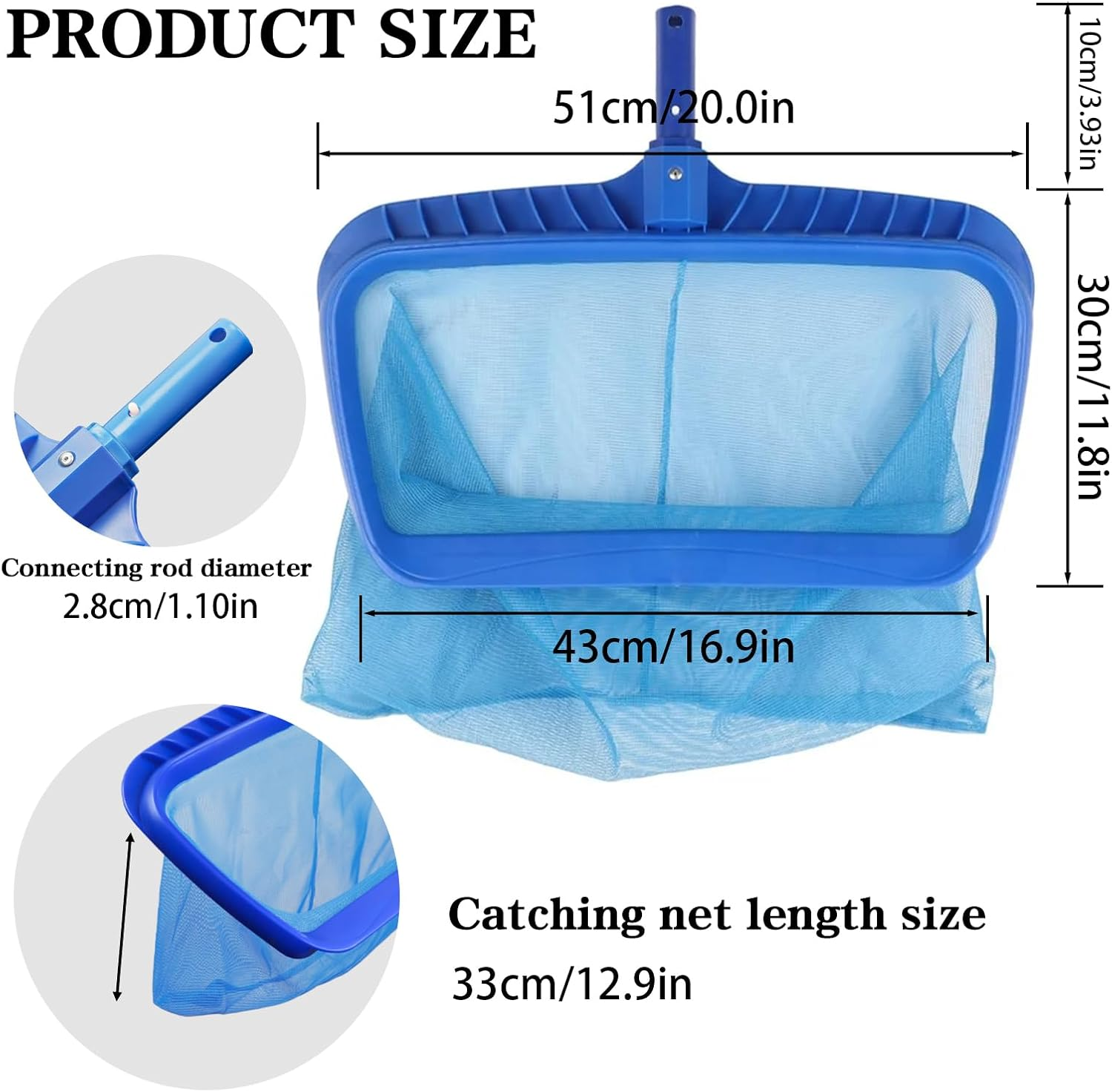 Upgraded Pool Skimmer Net,Heavy Duty Swimming Leaf Rake Cleaning Tool with Deep Nylon Mesh Bag,Fast and Easy for Cleaning Swimming Pool & Pond (20'' Pool Net-Blue) image number 2