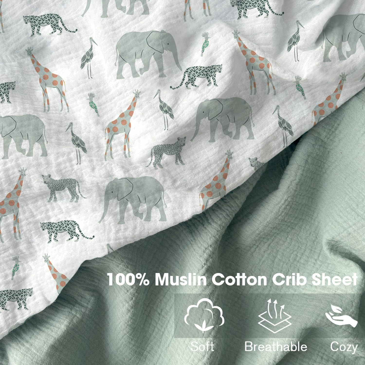 Little Grape Land Muslin Cot Sheet for Baby,100% Cotton Baby Cot Sheets Fitted Standard Crib Mattress 130X70Cm, Soft Breathable Neutral Toddler Bed Sheet Fitted for Boys Girls(Safari