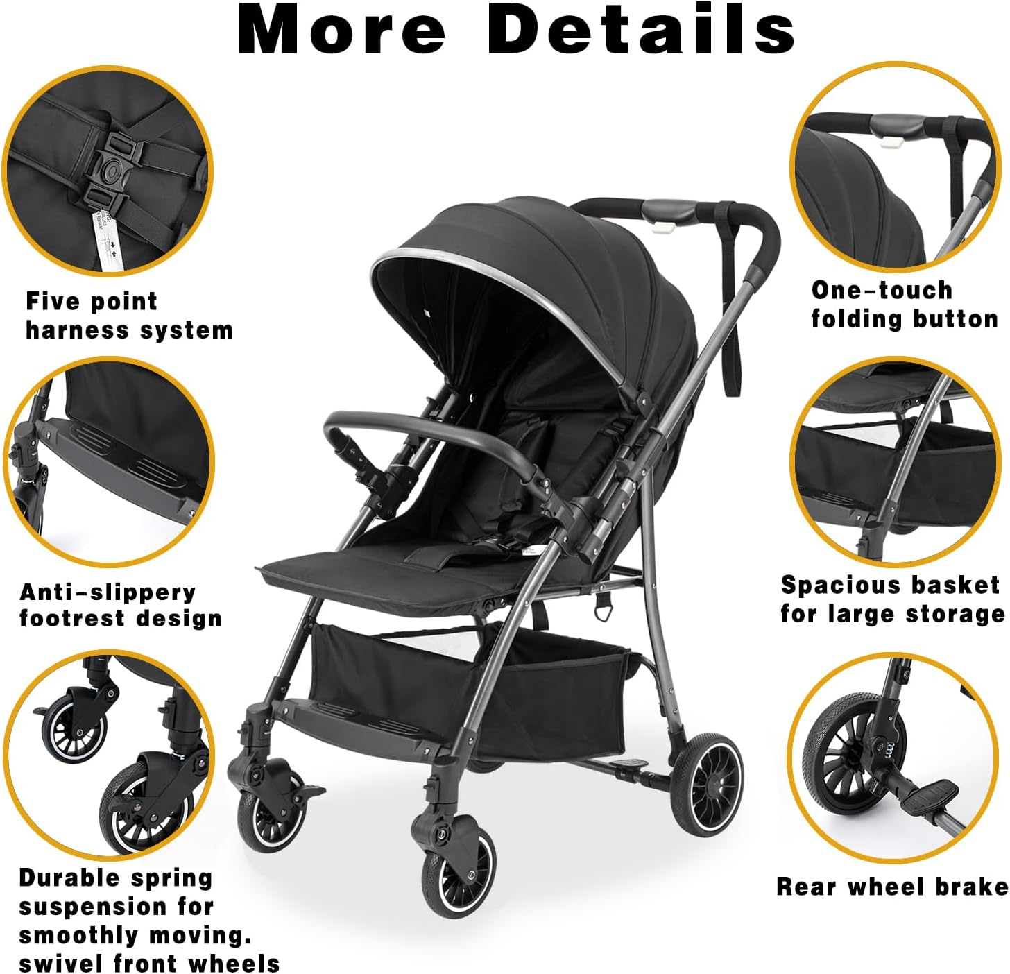 Lightweight Baby Stroller, Compact Travel Stroller for Airplane with One-Click Fold, Toddler Stroller with Adjustable Backrest & Canopy, Large Storage, Large Seat Area, Steel Frame for Travel and More image number 5