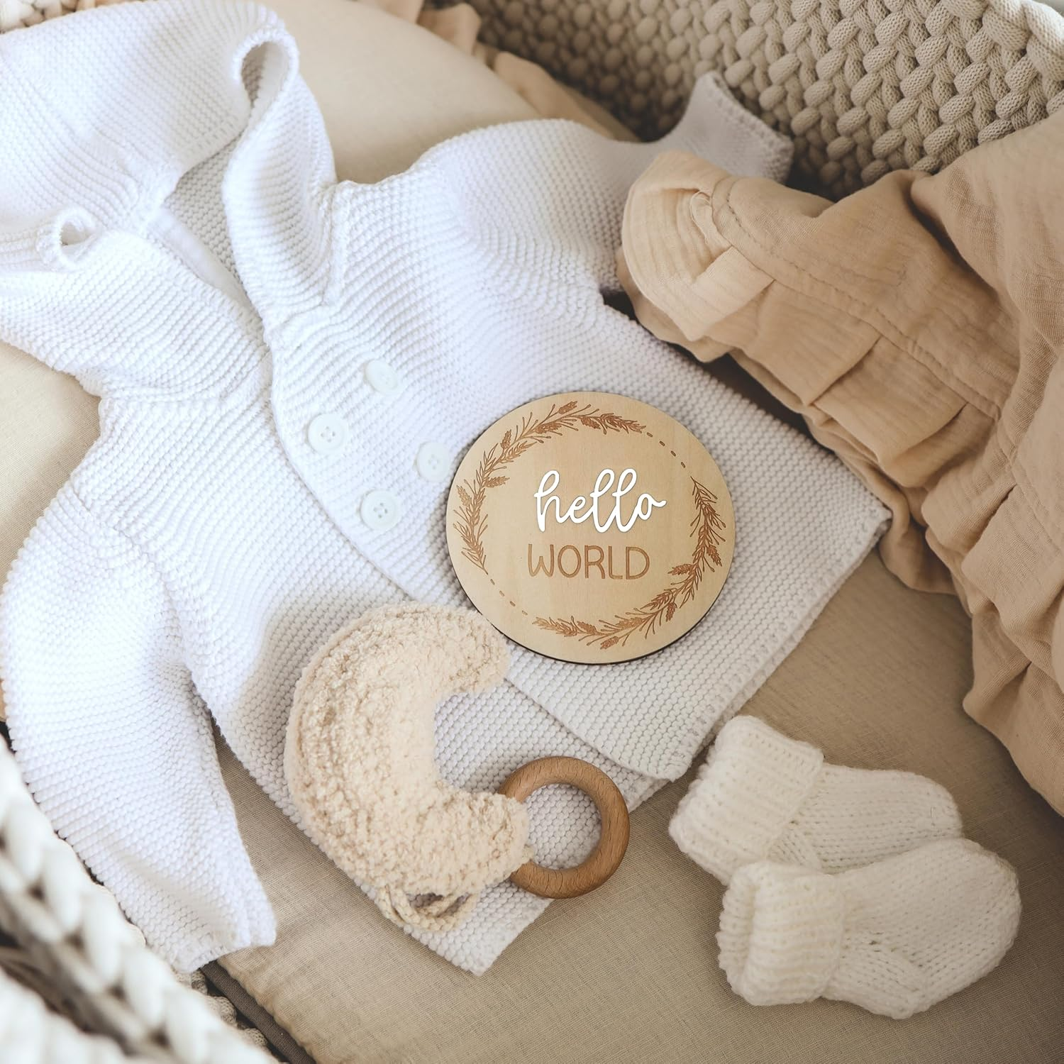 7 Pack Monthly Baby Milestone Discs &ndash; Double-Sided 3D Wooden &ldquo;Hello World&rdquo; Sign, 4" Signs for 1-12 Monthly Milestones & Announcement Props, Newborn Photography Keepsake Gift for Boys & Girls (White) image number 1