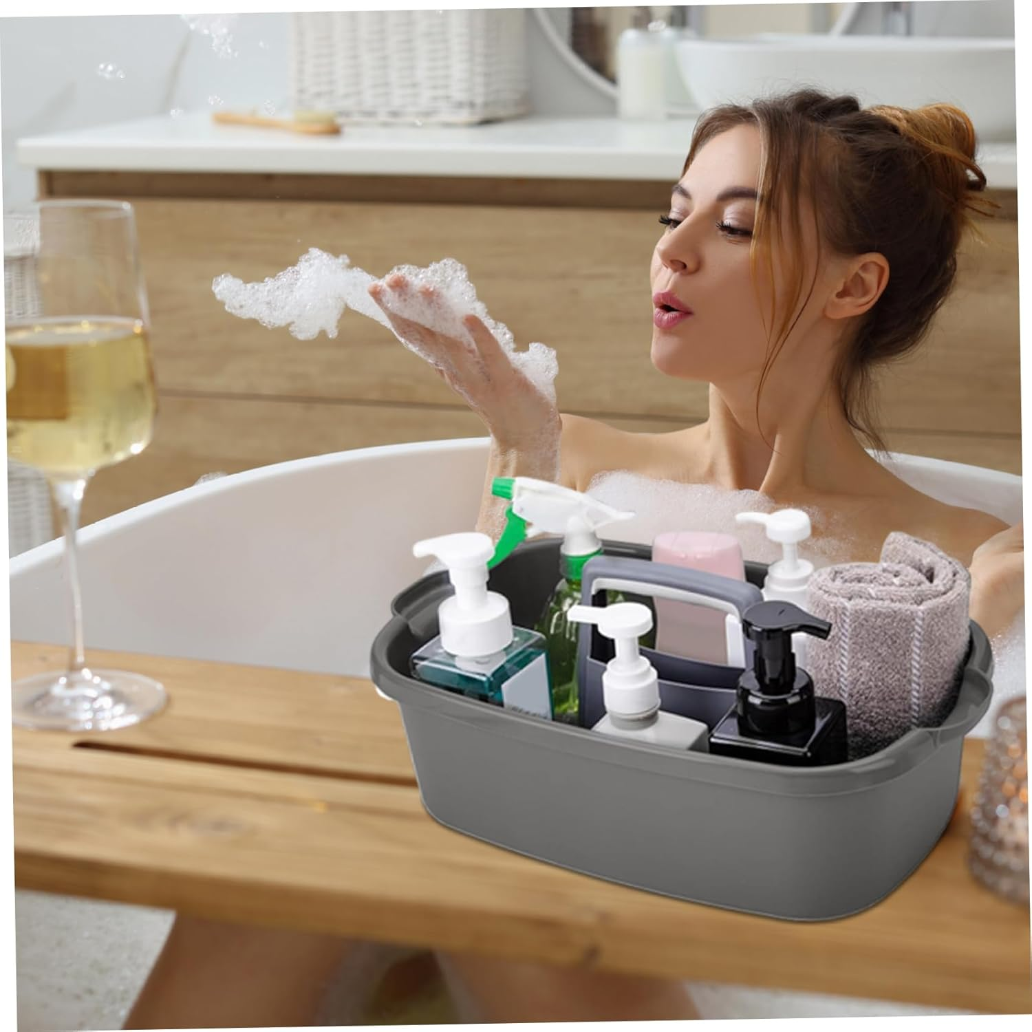 Plastic Cleaning Caddy with Handle, Cleaning Supplies Caddy, Cleaning Supply Organizer with Handle, Large Plastic Bucket, Portable Shower Basket Tote, Gray. image number 1