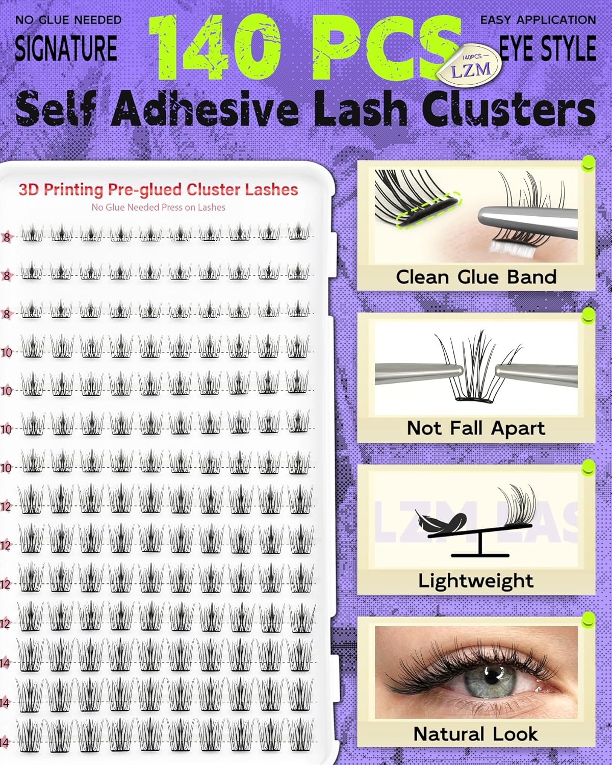 LZM Pre Glued Cluster Lashes Self Adhesive Lashes Clusters Natural with Tweezers No Glue Needed Press-On Eyelashes 8-14Mm Wispy Eyelash Extensions DIY at Home (KLSH41A) image number 5