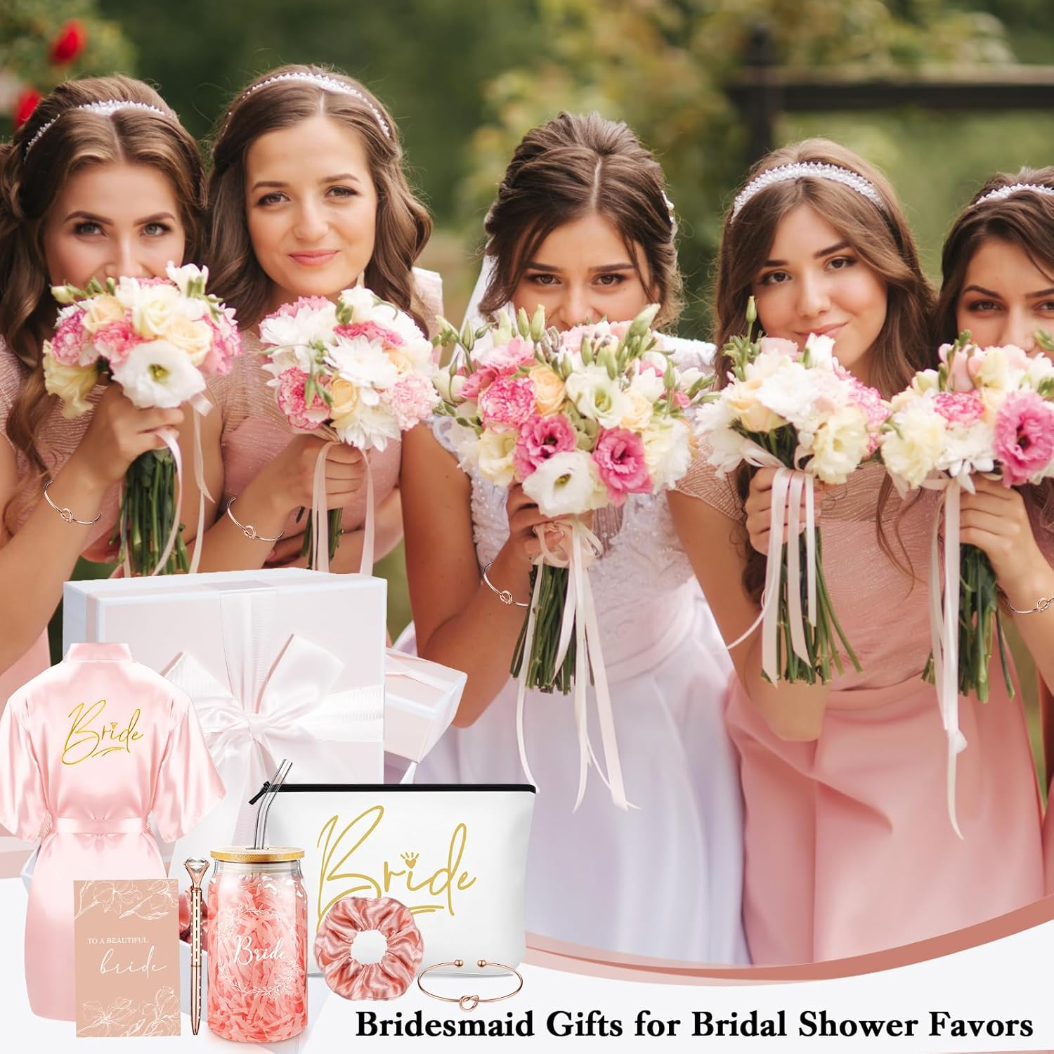 Irenare 8 Pcs Bride Gifts Set for Bridal Shower Bachelorette Party Robe Cup Makeup Bag Bracelet Scrunchies Card Pen Gift Box(Pink) - 1, White image number 2