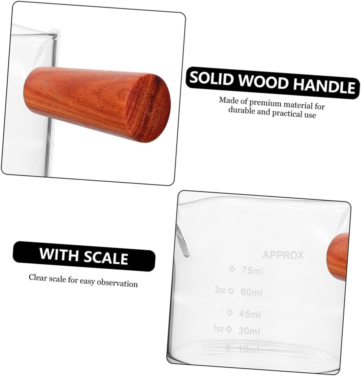 Baluue 2Pcs Double Spout Espresso Measuring Cups Wooden Handle Glass Milk Jars for Coffee Pouring and Precision Measurement image number 4