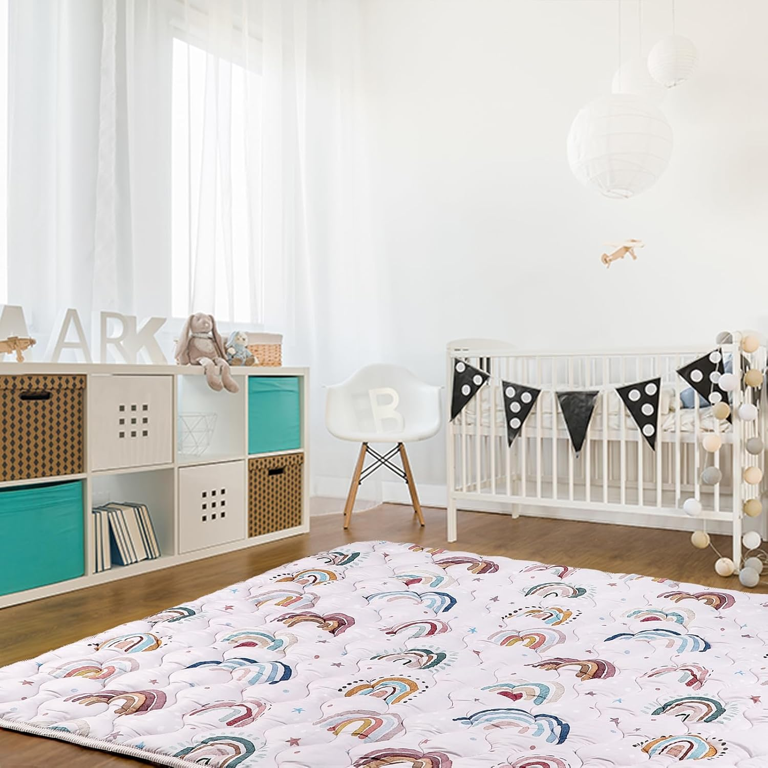 Baby Play Mat for Floor, 127X127 Cm Playpen Padded Mat for Baby, Soft Infant Tummy Time Crawling Mat,Anti Slip, Pink Rainbow image number 2