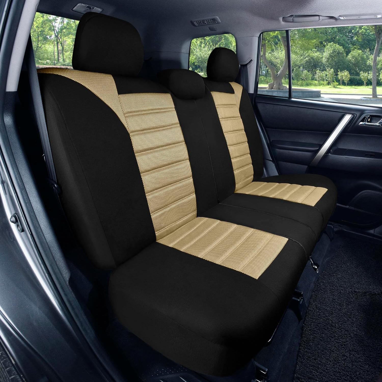 FH Group Car Seat Covers Full Set Beige 3D Air Mesh - Universal Fit, Automotive Seat Covers, Low Back Seat Cover, Airbag Compatible, Split Bench Rear Seat, Washable Car Seat Cover for SUV, Sedan image number 1