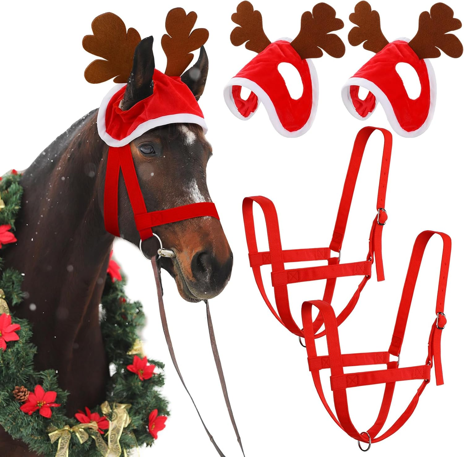 Paterr 4 Pcs Christmas Santa Horse Hat Holiday Elf Horse Hat Adjustable Christmas Horse Halter Set image number 1