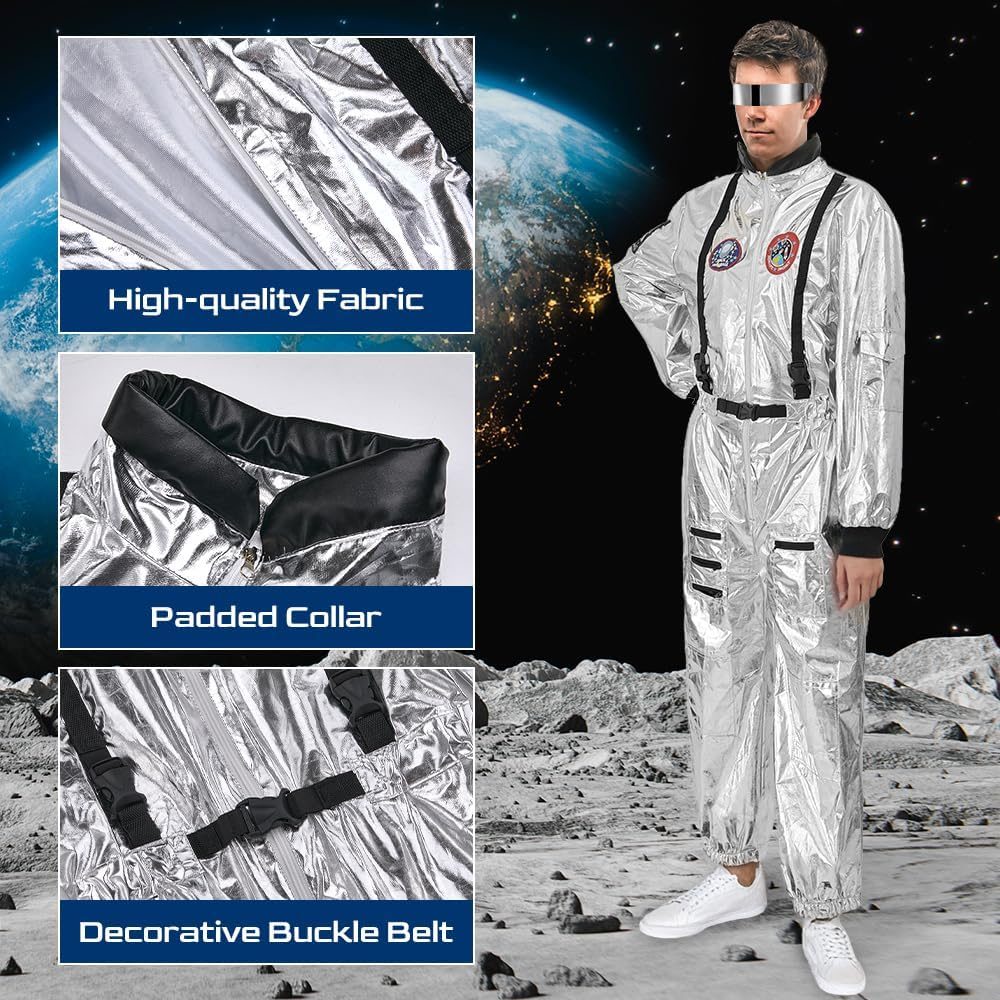AUTOWT Astronaut Costume Jumpsuit Men'S Women&rsquo;S, Adult Shiny Silver Space Suit with Embroidered Patches and Pockets for Halloween Spaceman Unisex Costume Party Cosplay Carnival Outfits